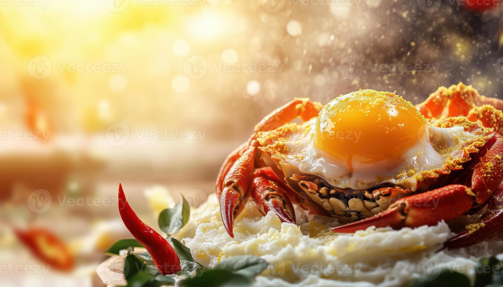 Delicious Stir Fried Crab In Curry Powder Sauce And Egg Fusion, Thai And Chinese Cuisine With Chili And Spring Onions. photo