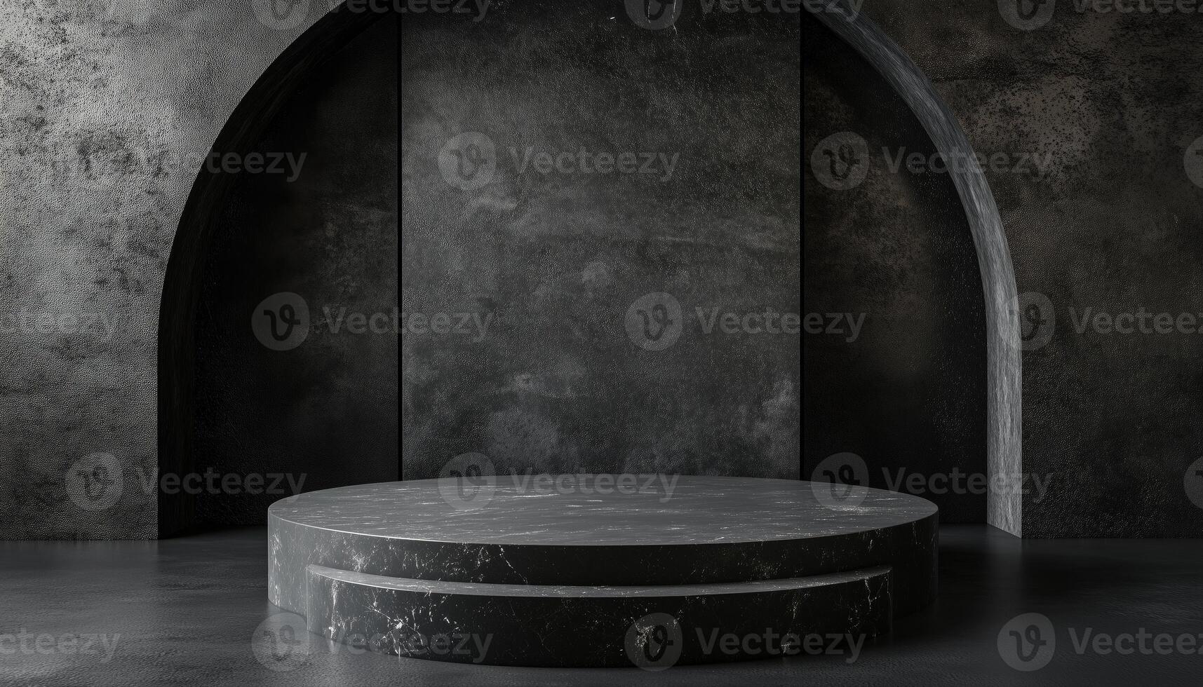 The Rendering Of Black Stone Podium With Product Display On Black Background. Display Stand For Products In Elegant Black Finish photo