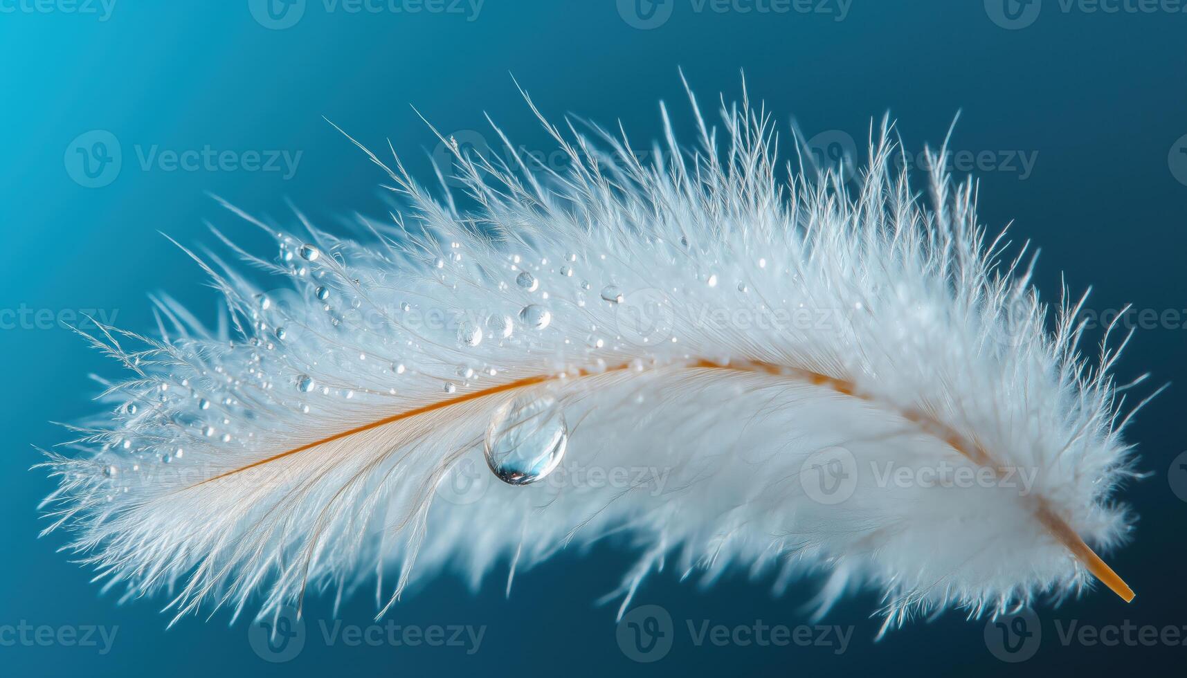Close Up Macro Of A Dew Drop On A Fluffy Feather In Blue Background. Abstract, Romantic, Delicate, And Artistic Image With Magical Vibe photo