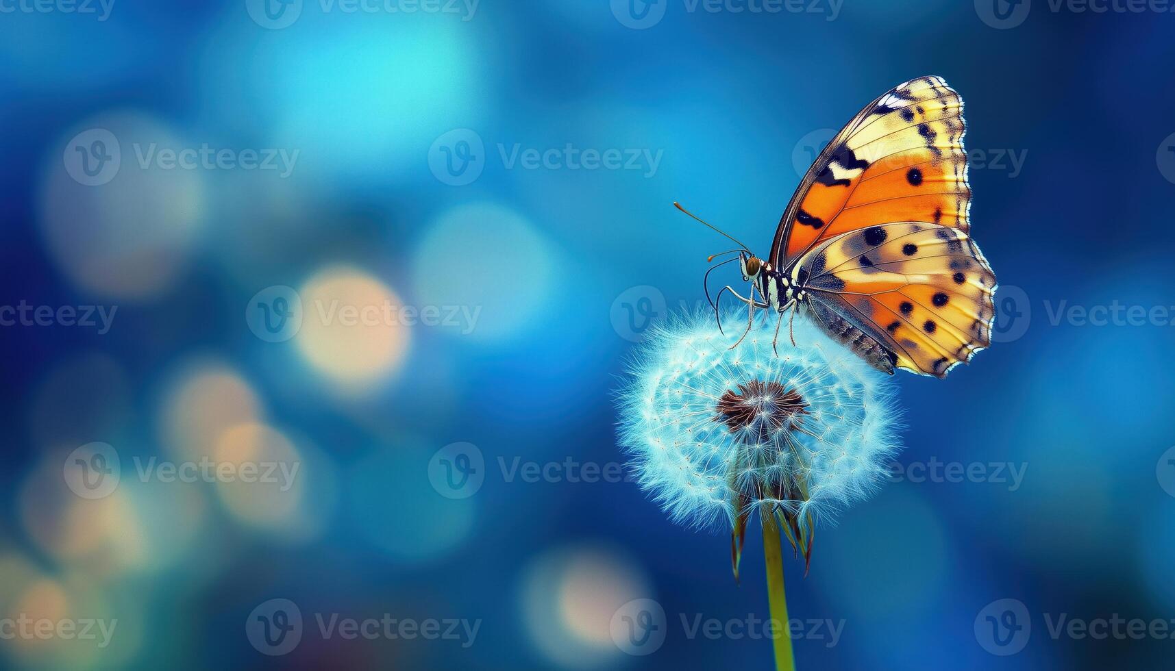 Gorgeous Gentle Butterfly On A Fresh Blue Close Up Macro Of A Dandelion Flower In Spring With A Beautiful Blurred Background. Dreamy And Romantic Artistic Image photo