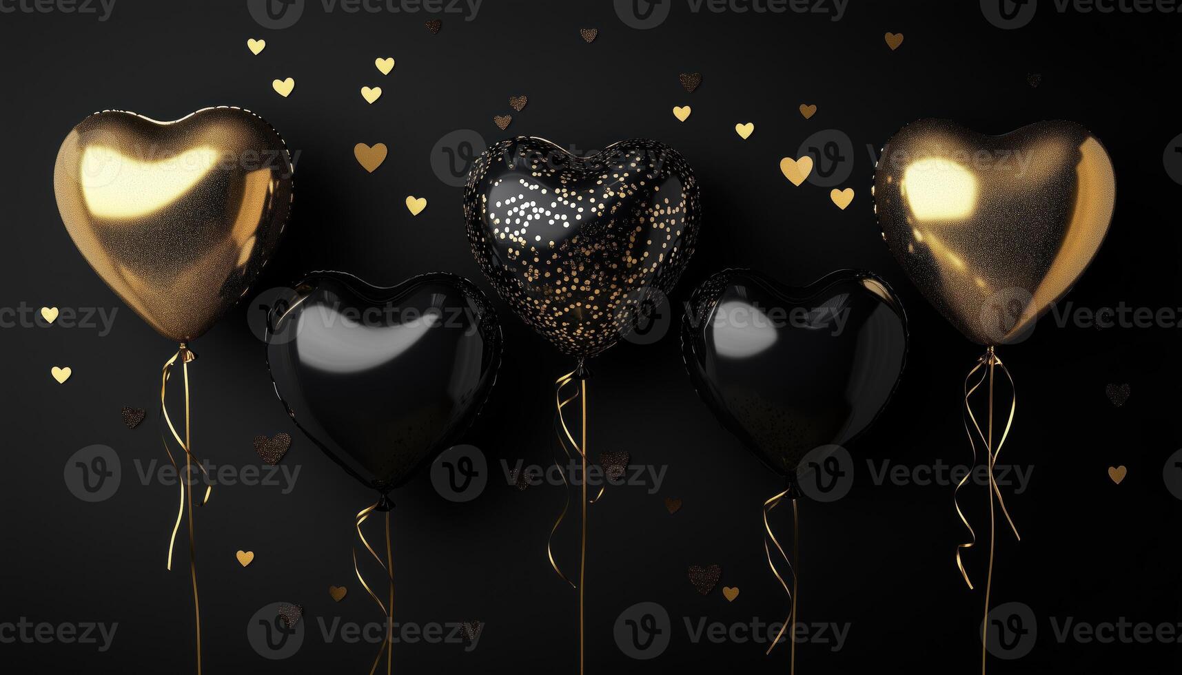 Stylish Black And Gold Foil Balloons With Confetti. Heart Shaped Air Balloons, Glitter, And Golden Ribbons For A Festive Valentine'S Day Or Birthday Party Decor photo