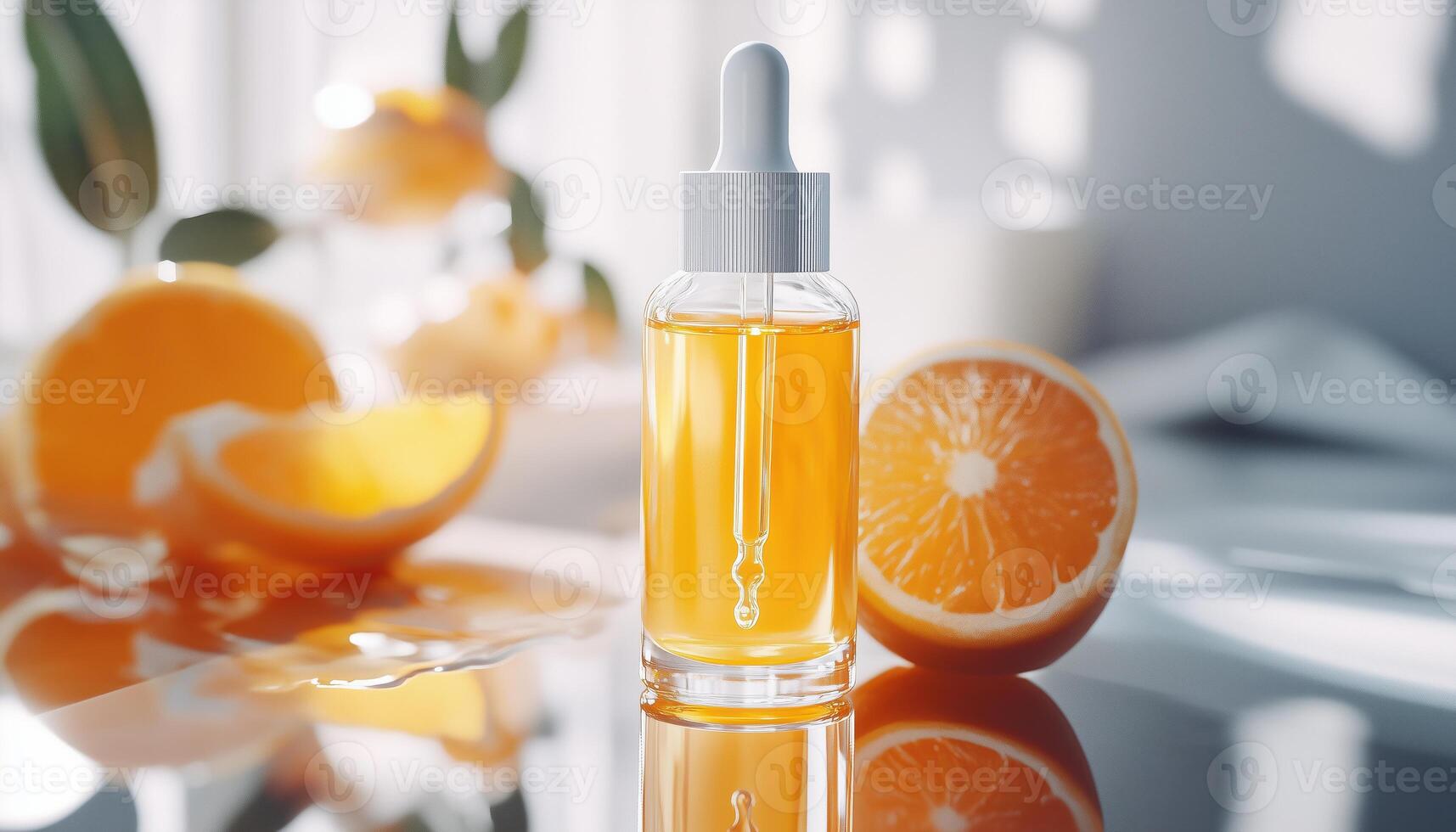 Clear Bottle Of Vitamin C Serum With Dropper On Glass Surface, Highlighting Smooth Texture Of Orange Serum Dripping From Pipette. photo