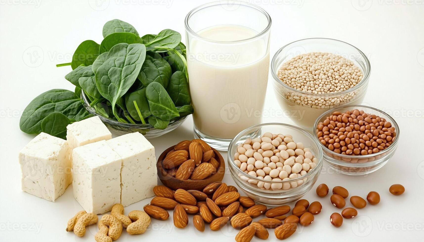 Top Vegan Protein Sources. Tofu, Vegan Milk, Beans, Lentils, Nuts, Soy Milk, Spinach, Seeds All On A White Table With Healthy Diet Options photo