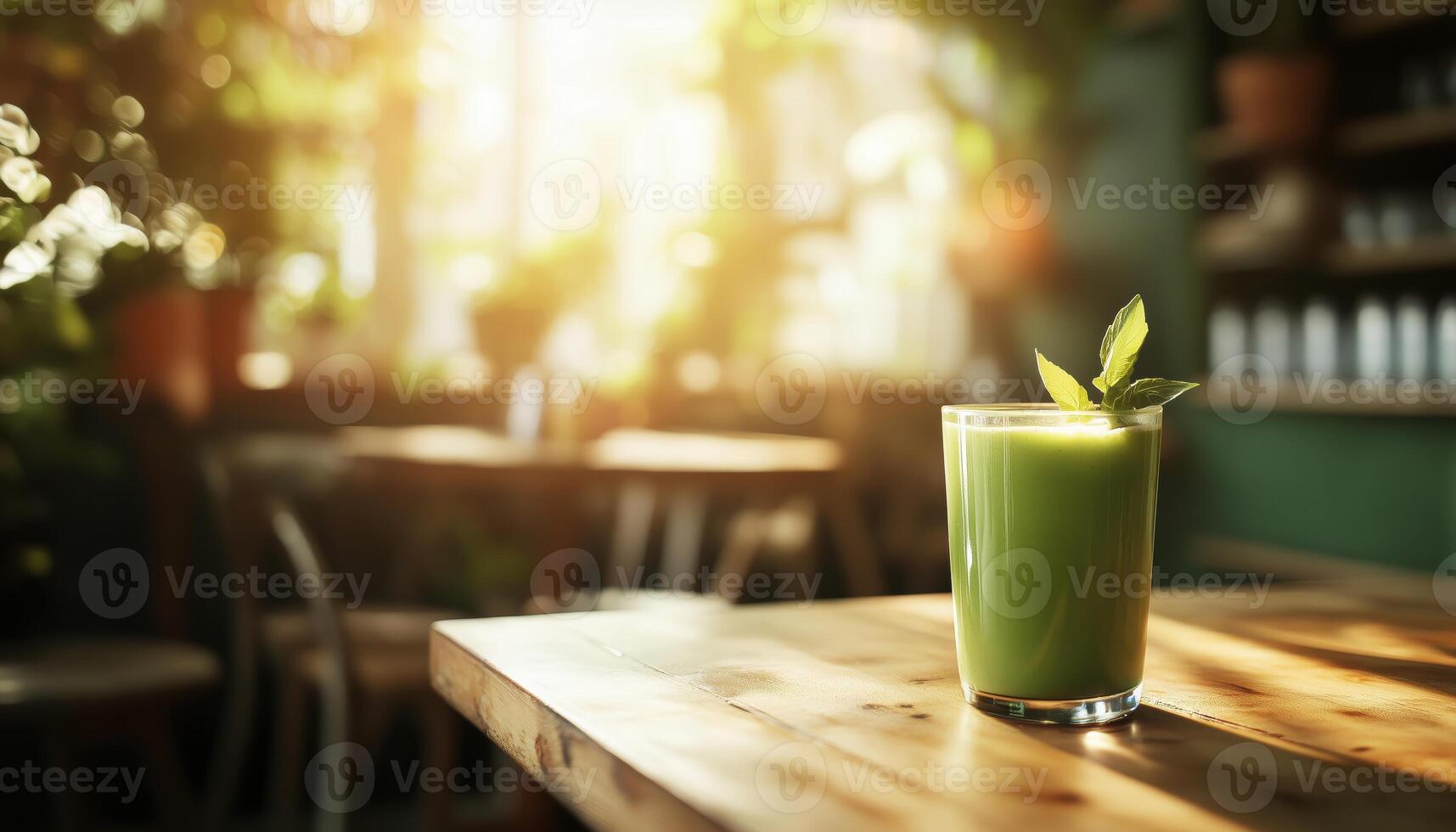 Selective Focus Image Of A Green Smoothie Placed On A Wooden Table. Presenting A Healthy And Refreshing Drink Option. Ideal For Wellness photo