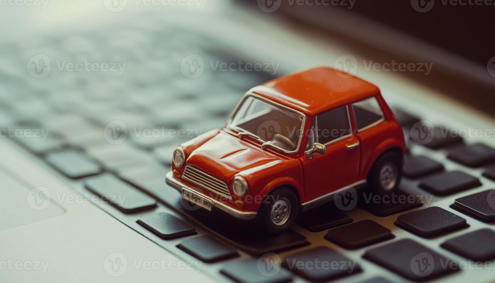 Close Up Of A Small Red Car On Laptop Keypad. Strategies For Managing Transportation Finance Costs And Car Insurance Business. photo
