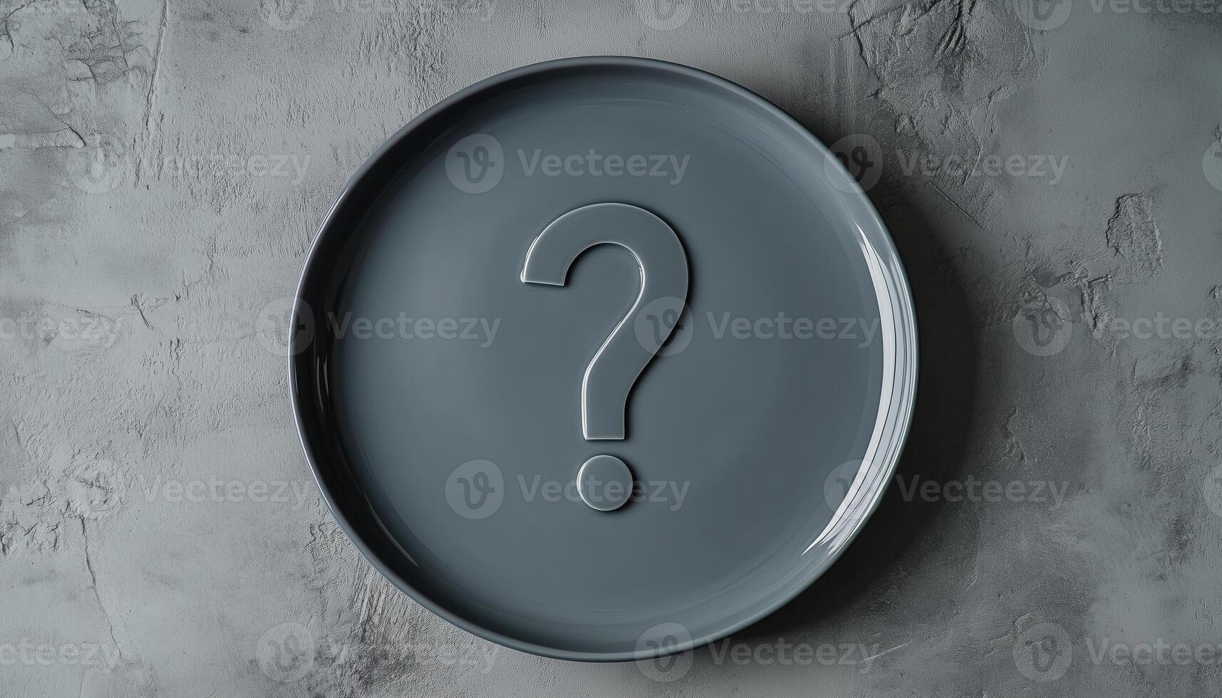 Gray Ceramic Plate With Question Mark. A Nutrition Dilemma Of What To Eat And How To Eat Right For Dieting And Health photo