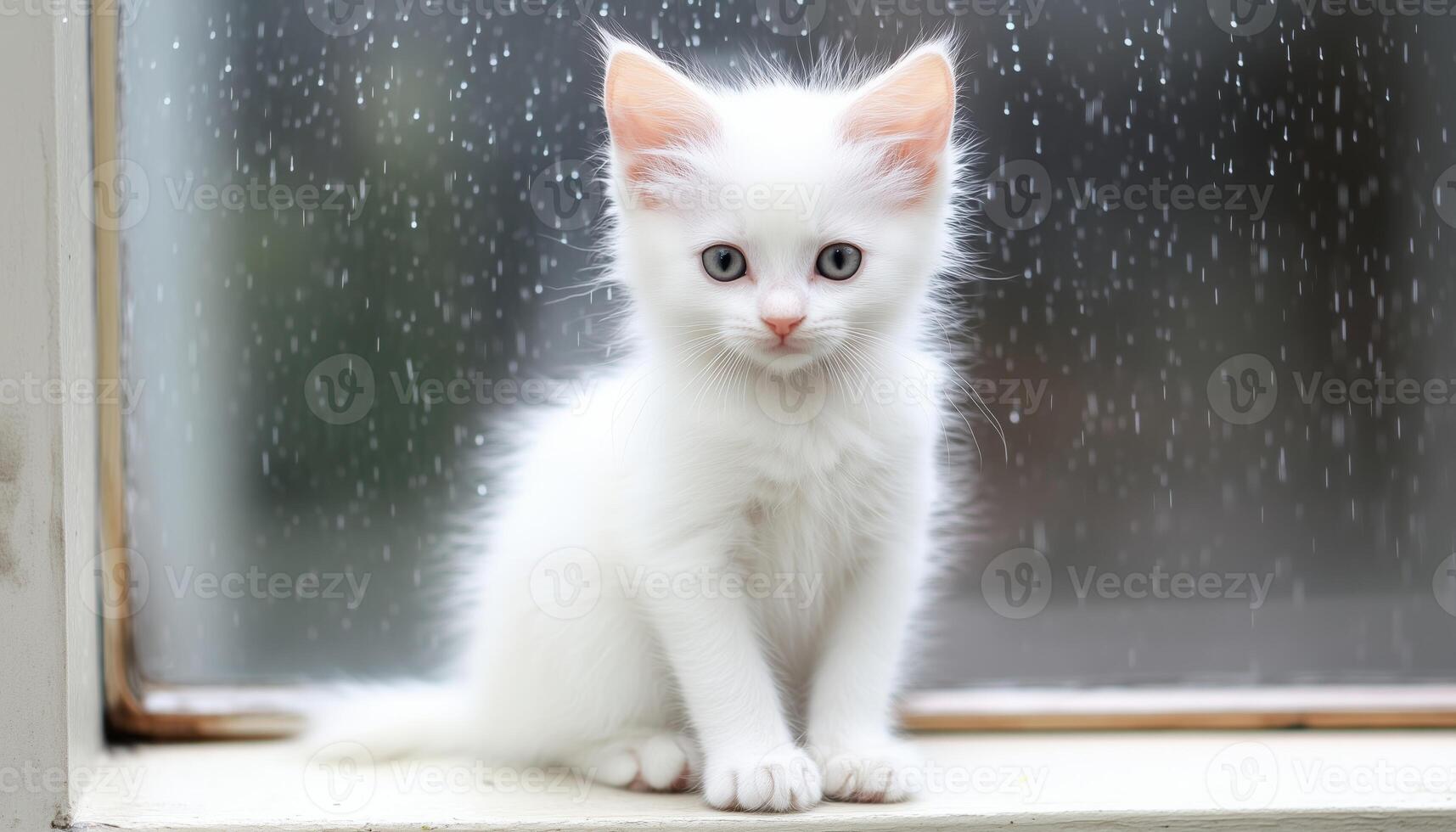 Adorable White Kitten With Soft Eyes And Fluffy Fur Rests On A Windowsill In Apartment During A Rainy Day, Gazing Outside photo