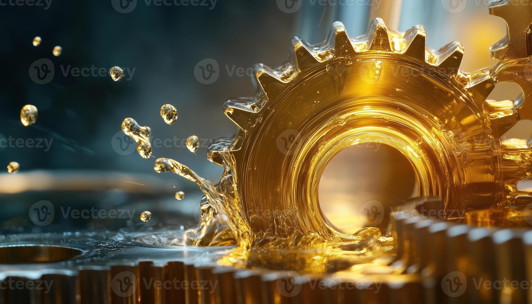 Freeze Motion Image Of Tooth Gear Wheel With Oil Splashes, Highlighting Lubrication Process And Mechanical Efficiency In Operation photo