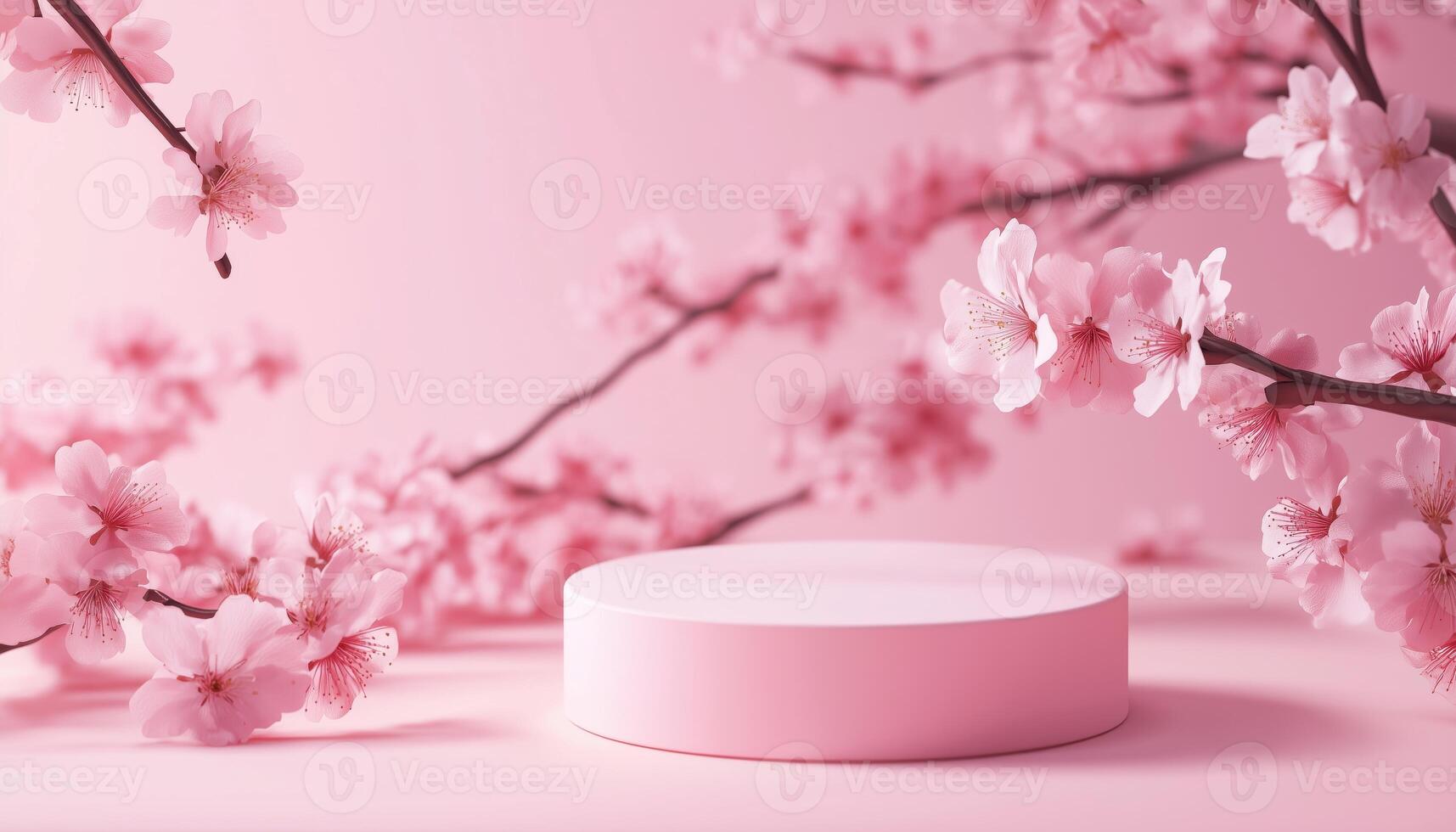 Japanese Cherry Blossom And Podium Cosmetics. Ideal For Branding And Product Presentation. Professional Rendering Included photo