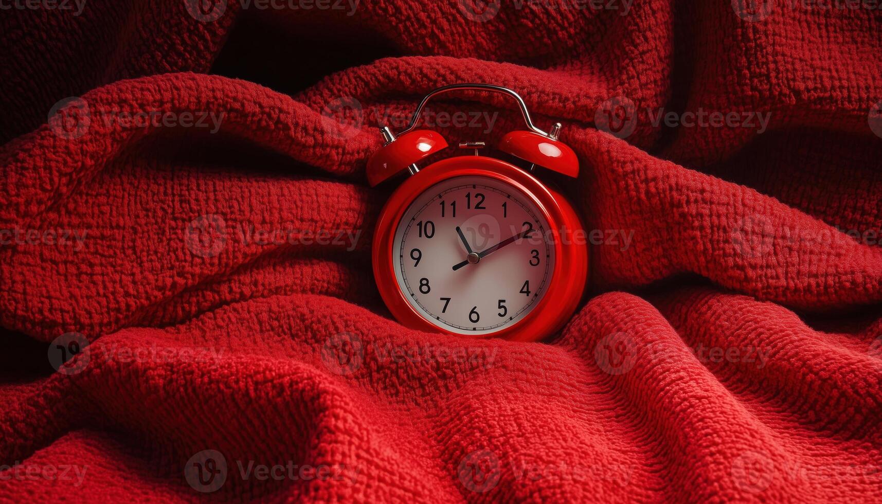 Alarmed Awakening In Late Morning. Rising From Sleep With Red Alarm Clock On Blanket In Sunlit Home Bedroom For Critical Appointment photo