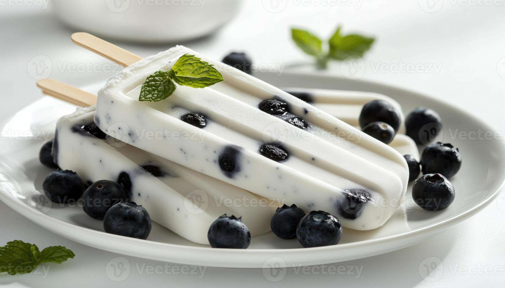 Delicious Vegan Summer Treats. Frozen Drinks, Smoothies, And Homemade Ice Cream Popsicles With Greek Yogurt, Blueberries, And Mint On A White Table. Ample Copy Space photo