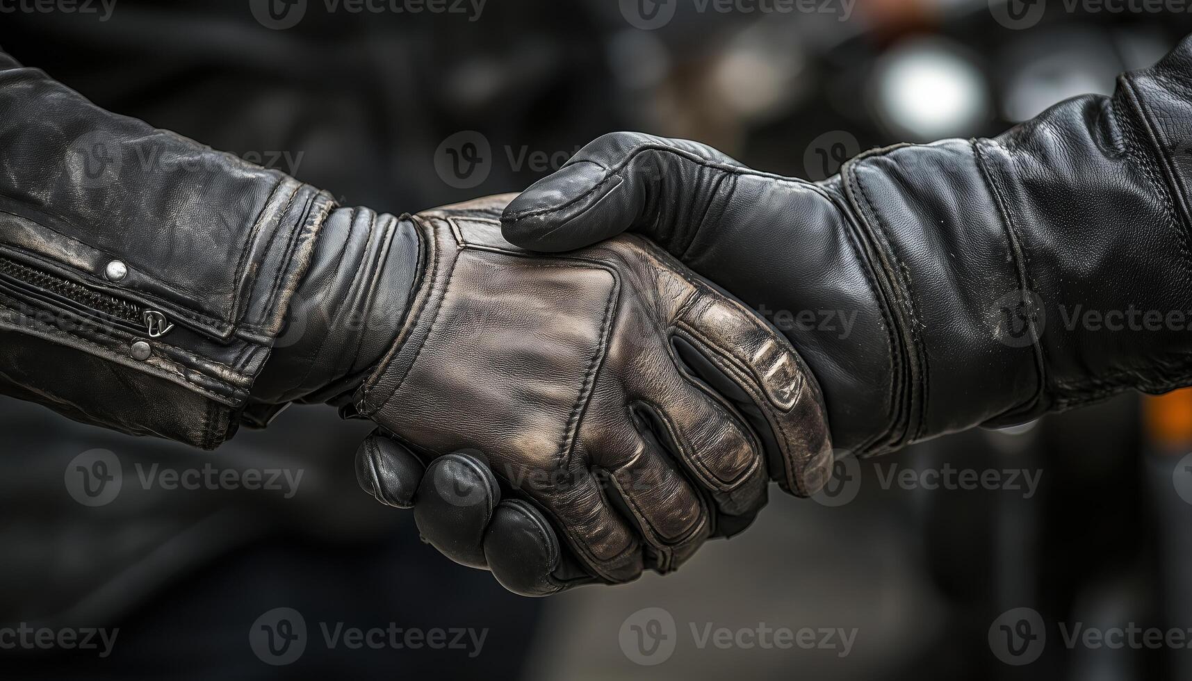 Meeting In A Handshake. Two Hands Biker Gloves Coming Together In A Gesture Of Friendship And Solidarity. A Symbol Of Unity photo