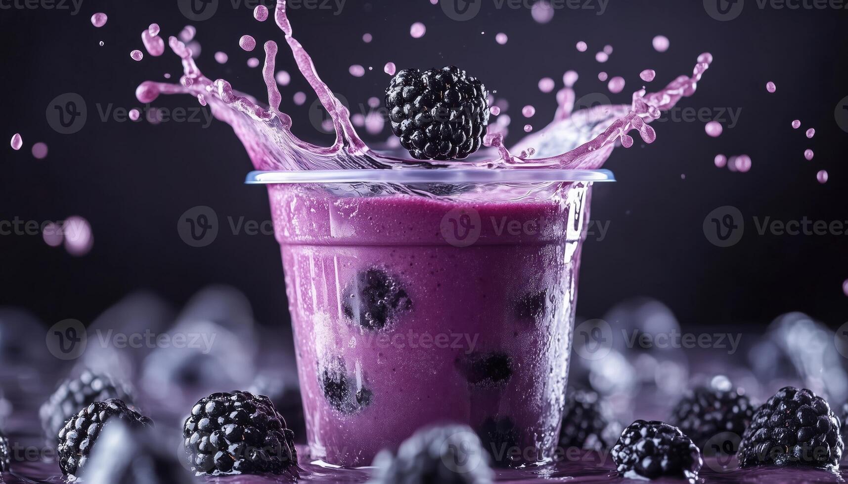 Close Up Shot Of A Blackberry Smoothie Splash In A Plastic Cup, Featuring The Refreshing And Vibrant Colors Of The Drink photo