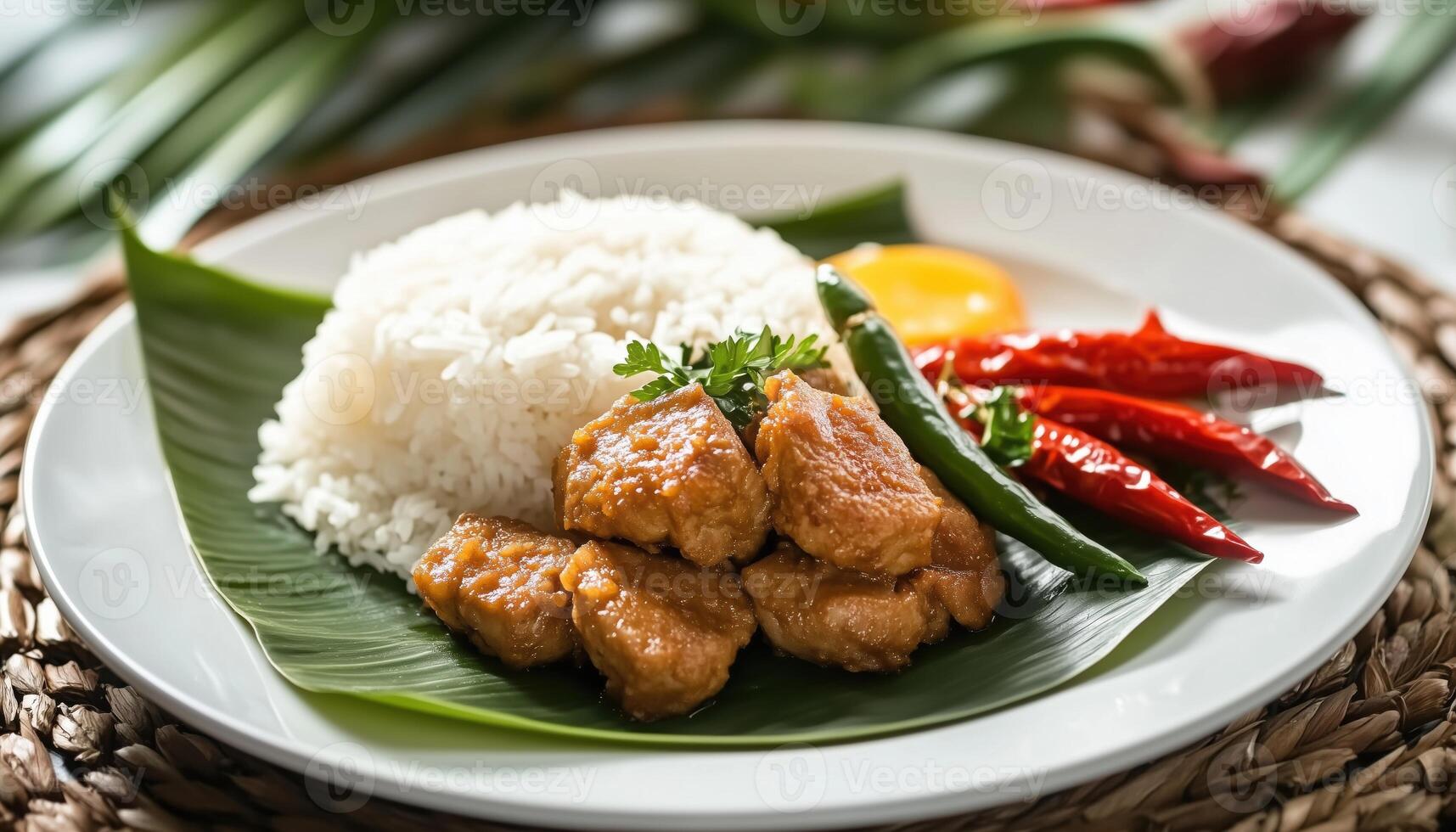 Spicy Pork Stir Fry With Yellow Curry Paste And Fried Egg Atop Rice. A Southern Thai Recipe Featuring Kaffer Leaf And Red Chili photo