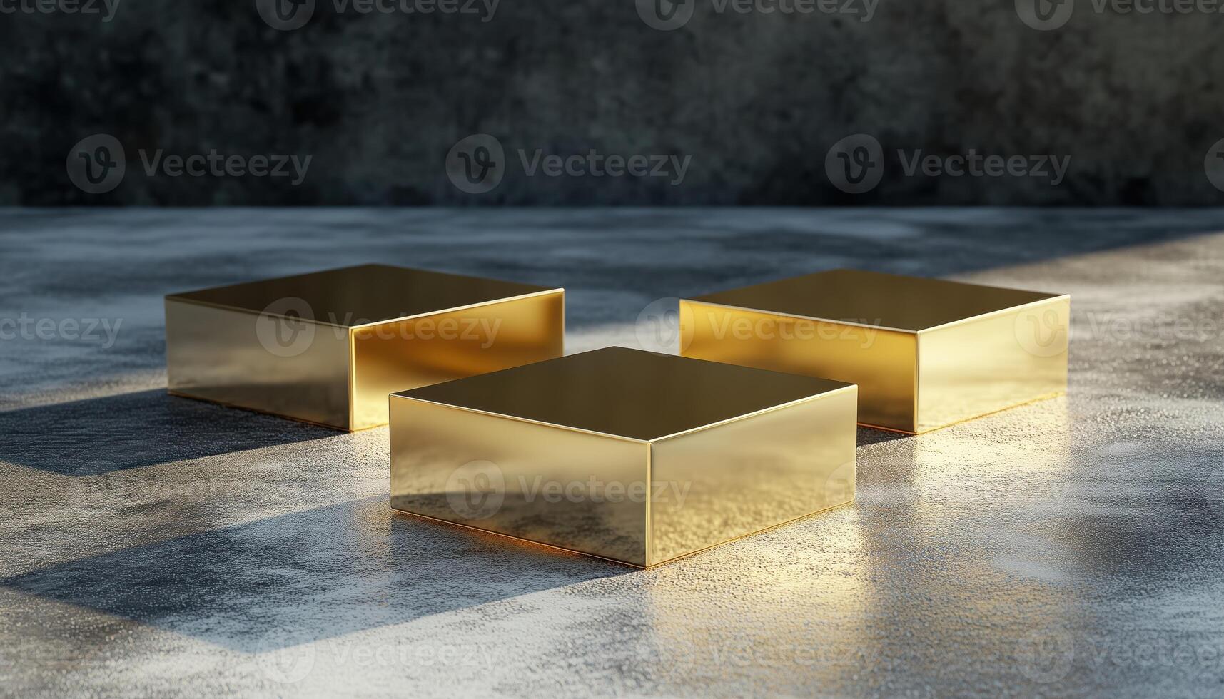 Geometric Gold. Square Box Podium With Abstract Composition For Product Presentation And Showcase With Copy Space On Floor. photo