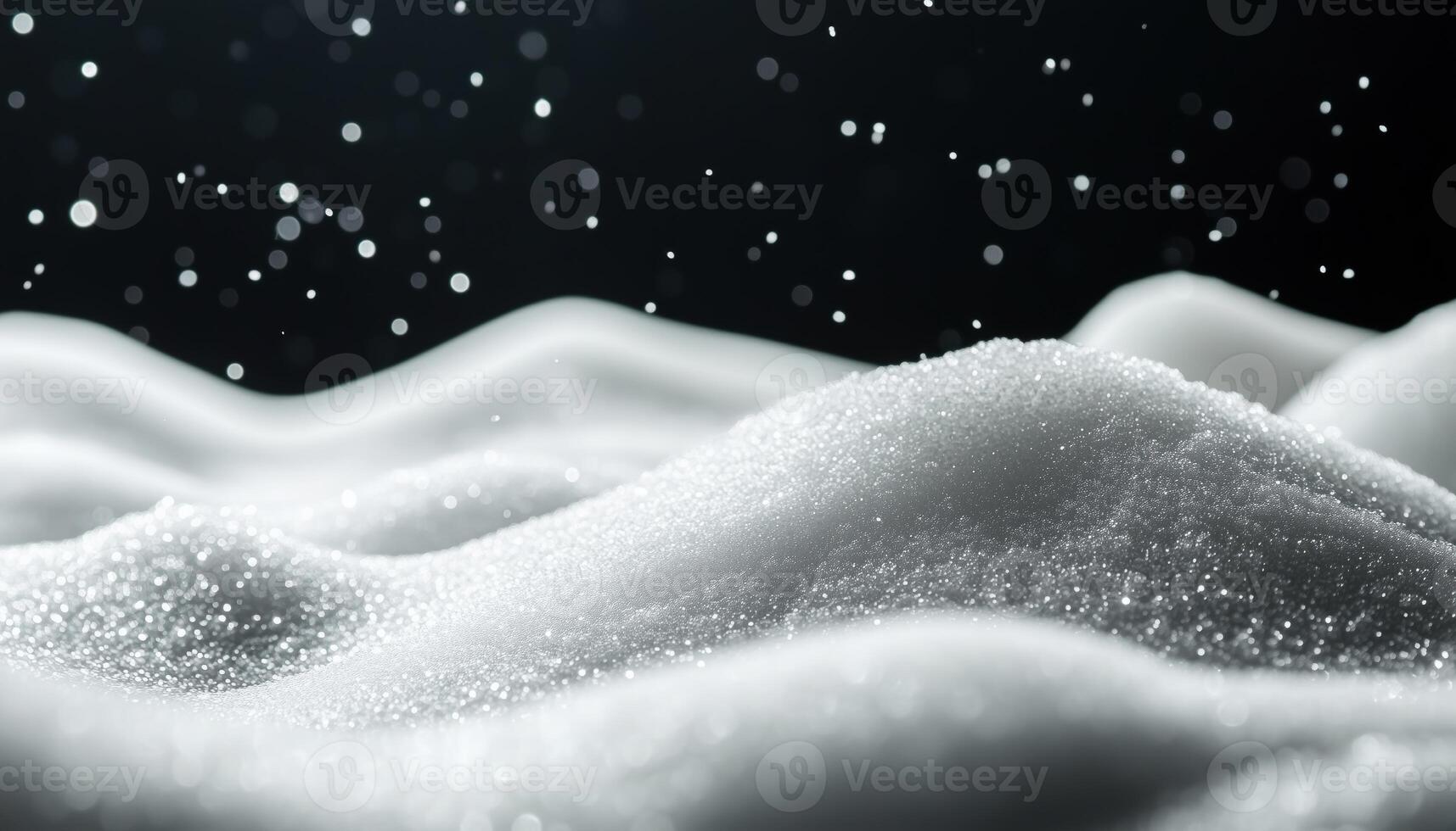 Shimmering Fluffy White Snow Hills Against A Dark Background. A Stunning Winter Scene Captivates Viewers With Its Contrast And Beauty photo