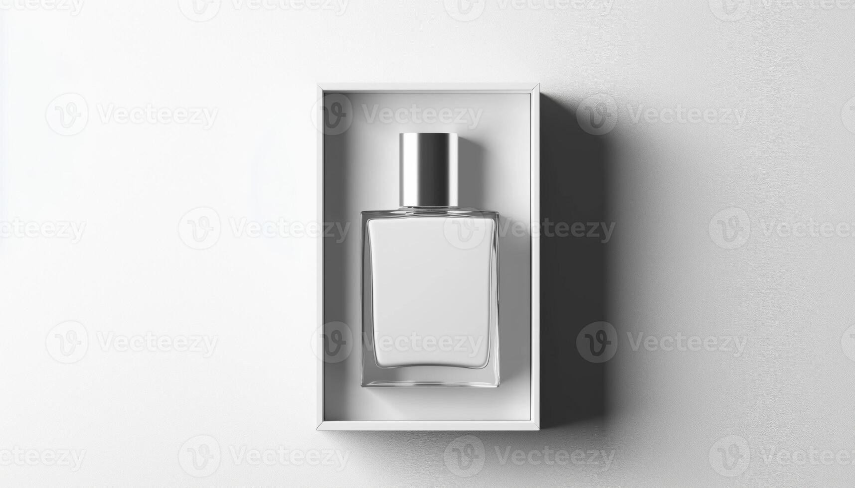 Elegant White And Silver Perfume Bottle In White Box For New Scent Promotion. High Quality Mock Up Rendering On White Background. photo