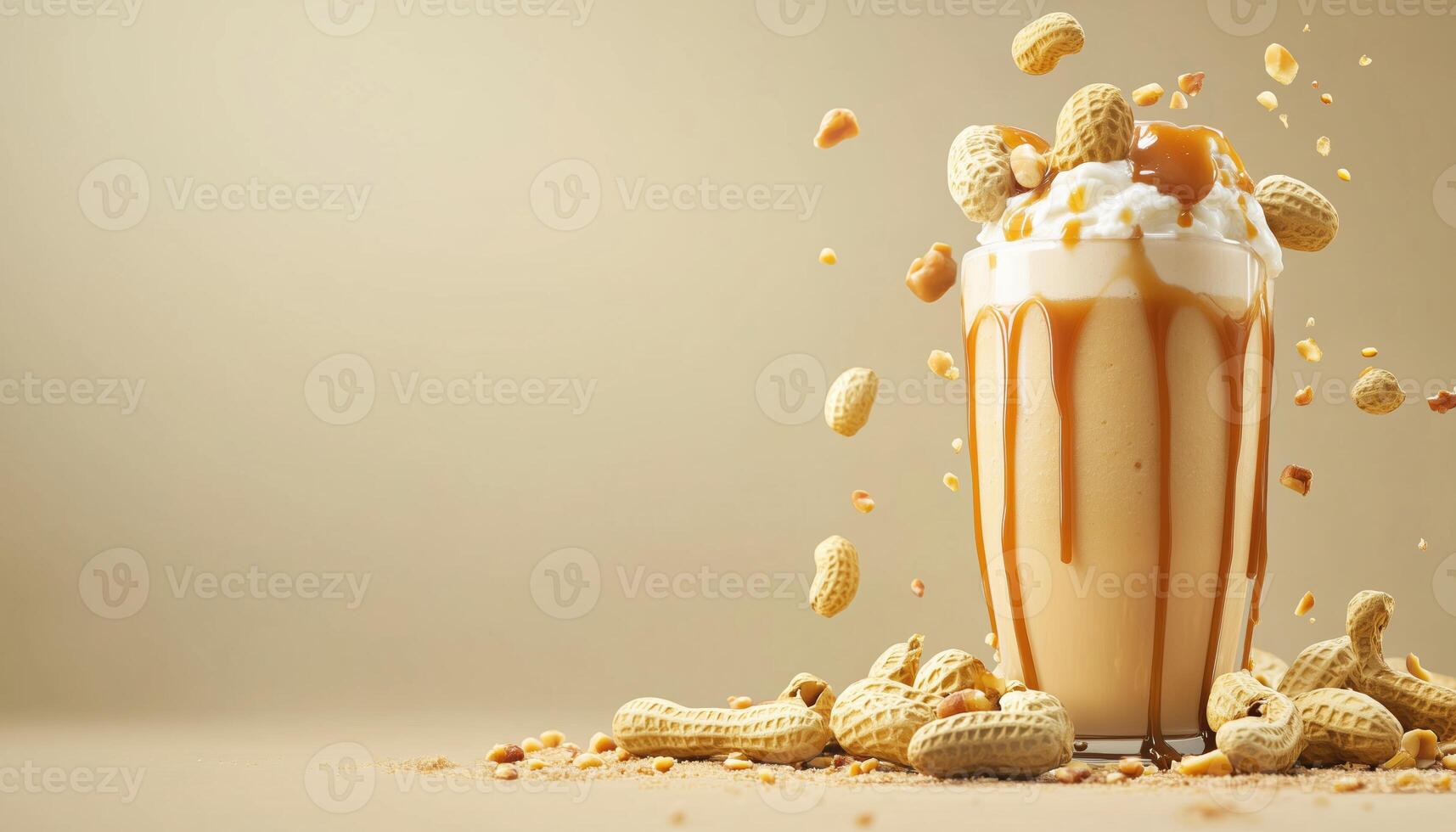 Creamy Peanut Butter Shake With Generous Portion Of Peanuts, Drizzled With Caramel Sauce, All Against A Beige Background For Copy Space photo