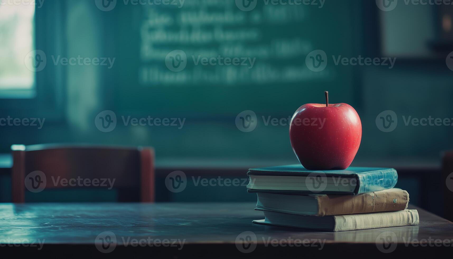 Apple Symbol And Pile Of Books In Classroom, Accompanied By A Written Board. Enhancing Education Environment In Student Setting photo