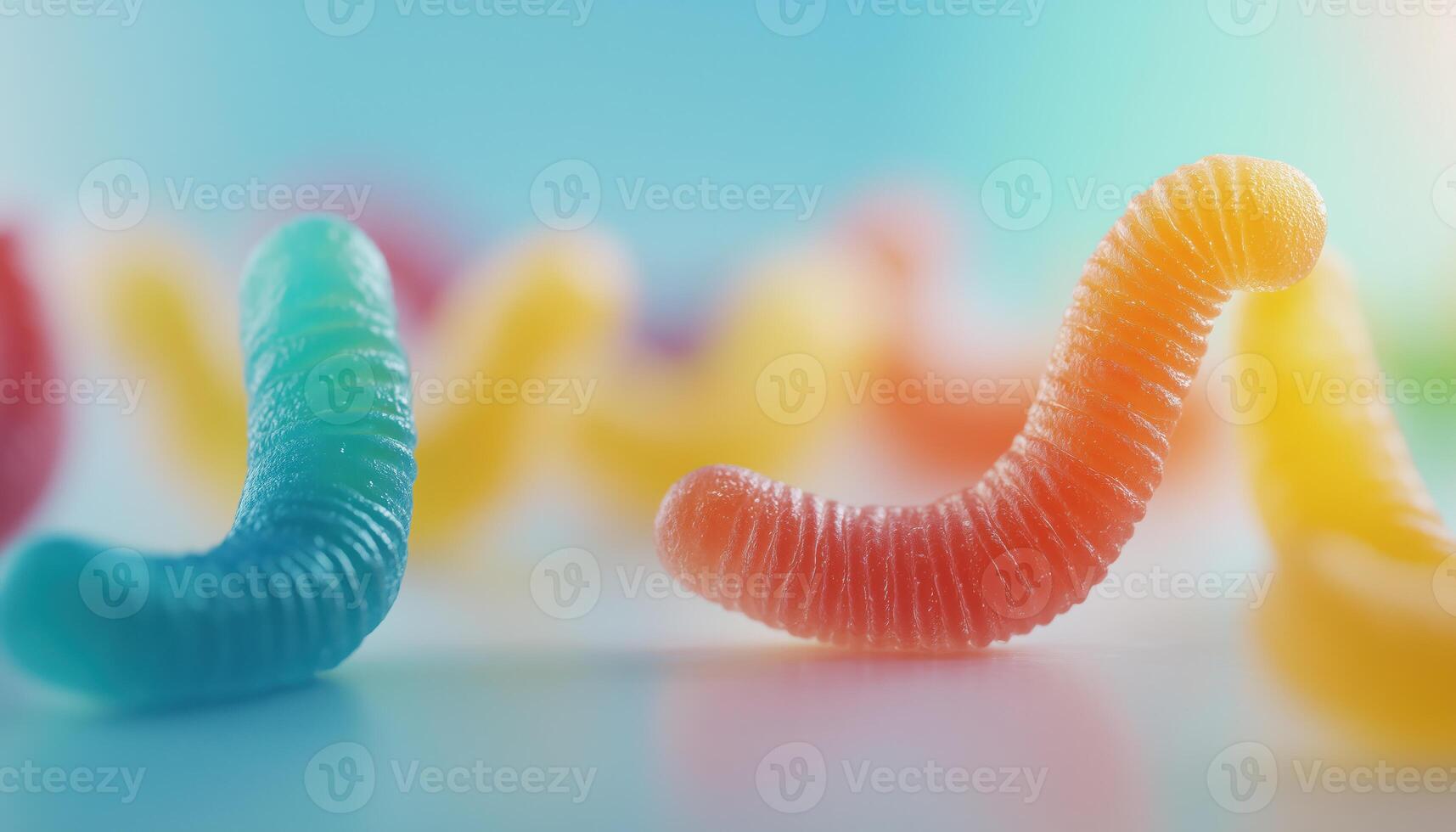 Colorful Sour Gummy Worms Against A White Background With Perfect Focus Throughout The Image, Showcasing Their Vibrant Colors And Enticing Texture photo