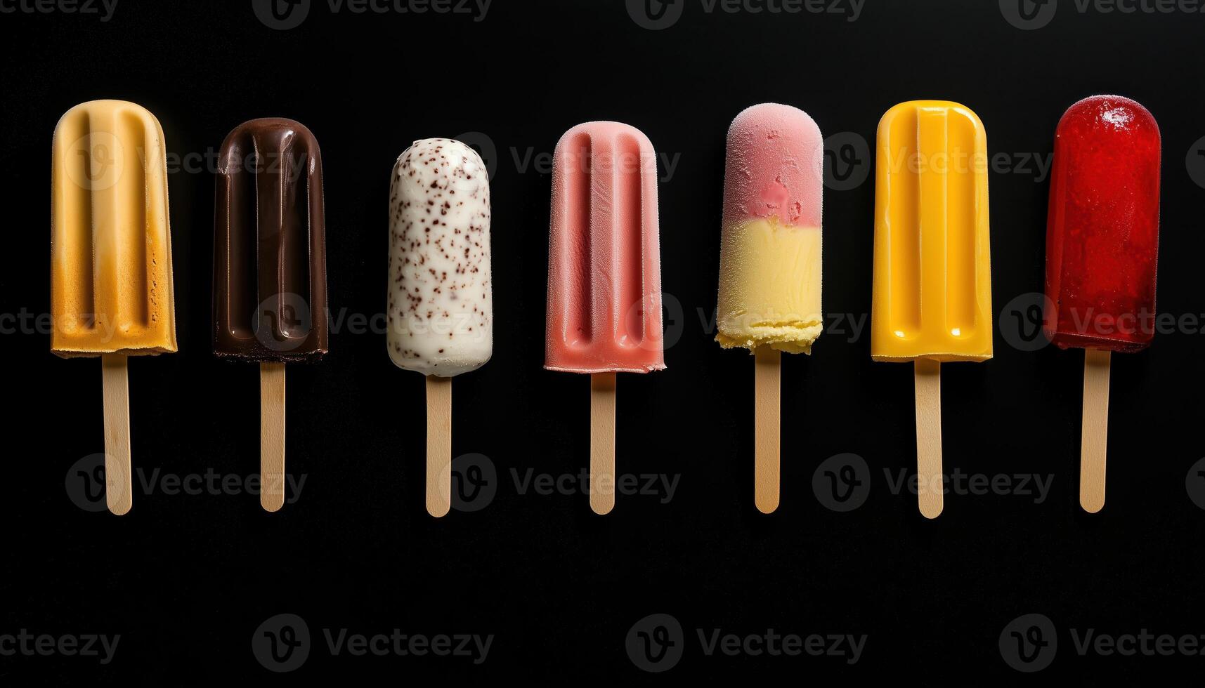 Assorted Ice Cream Popsicles And Cones On Dark Background With Copy Space, Top View. Collection Of Various Frozen Treats Displayed photo