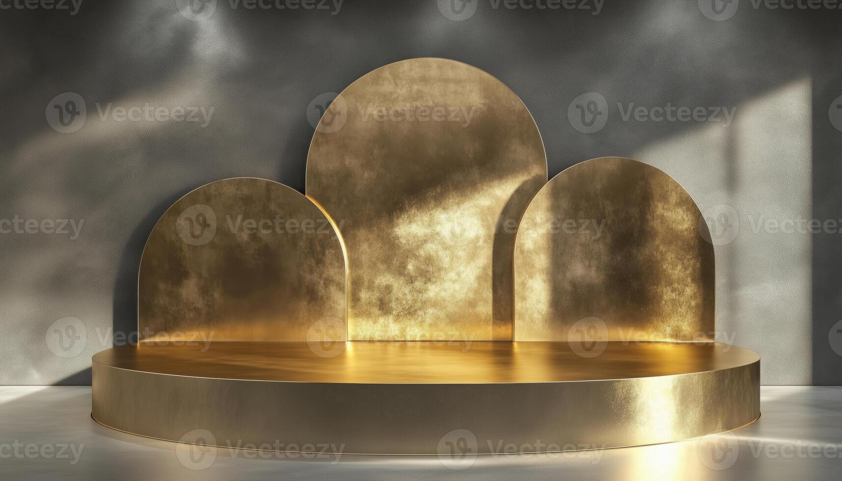 Luxurious Gold Scene Featuring Empty Pedestal And Geometric Shapes For Product Showcase Presentation Including Shadows And Curved Wall Composition photo