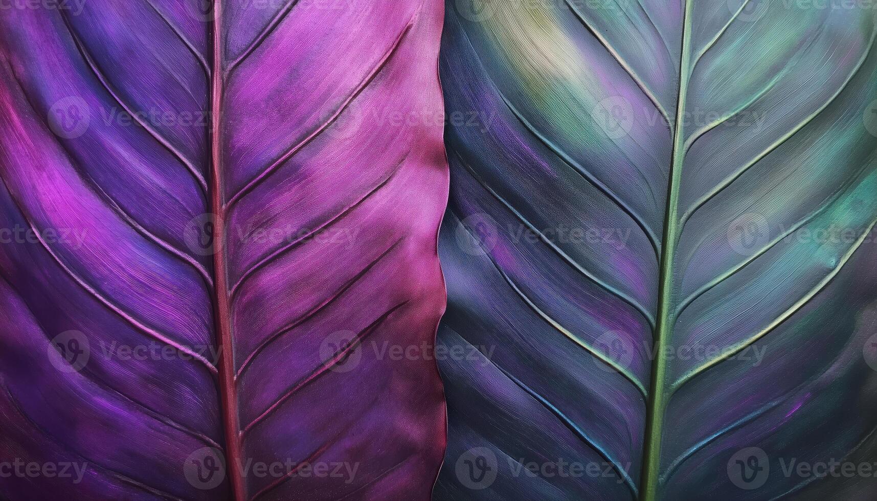 Close Up Macro Of Two Stunning Natural Tropical Leaves With Streaks, Showcasing Transition From Dark To Light In Green, Purple Pink, And Blue Violet Tones. photo
