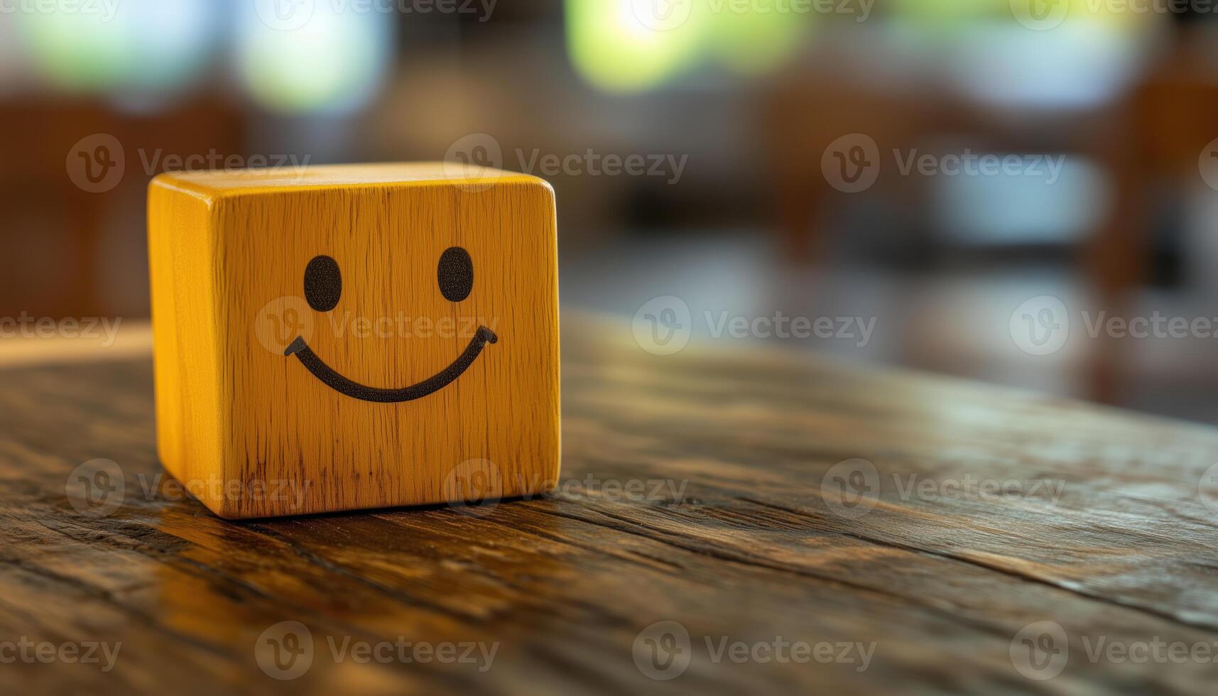 Happy Customer Service And Satisfaction. Business Receives Positive Feedback And Rating, Impressed By Wood Cube On Table Display photo