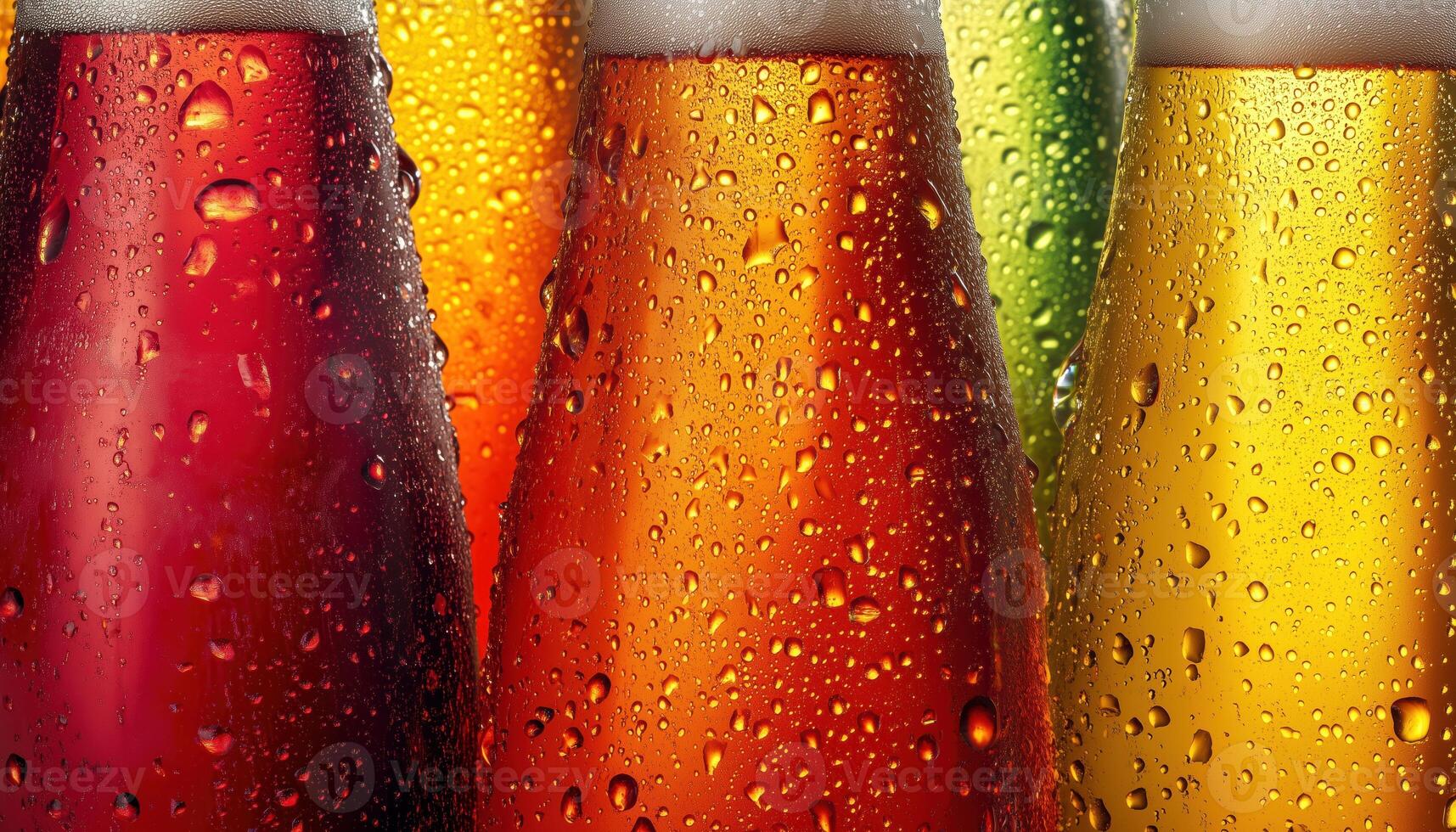 Close Up Of Several Beer Bottles With Condensation In Italy And Venezuela. Brewery, Swirling Beer With Dewdrops, Ured Liquid Effects photo