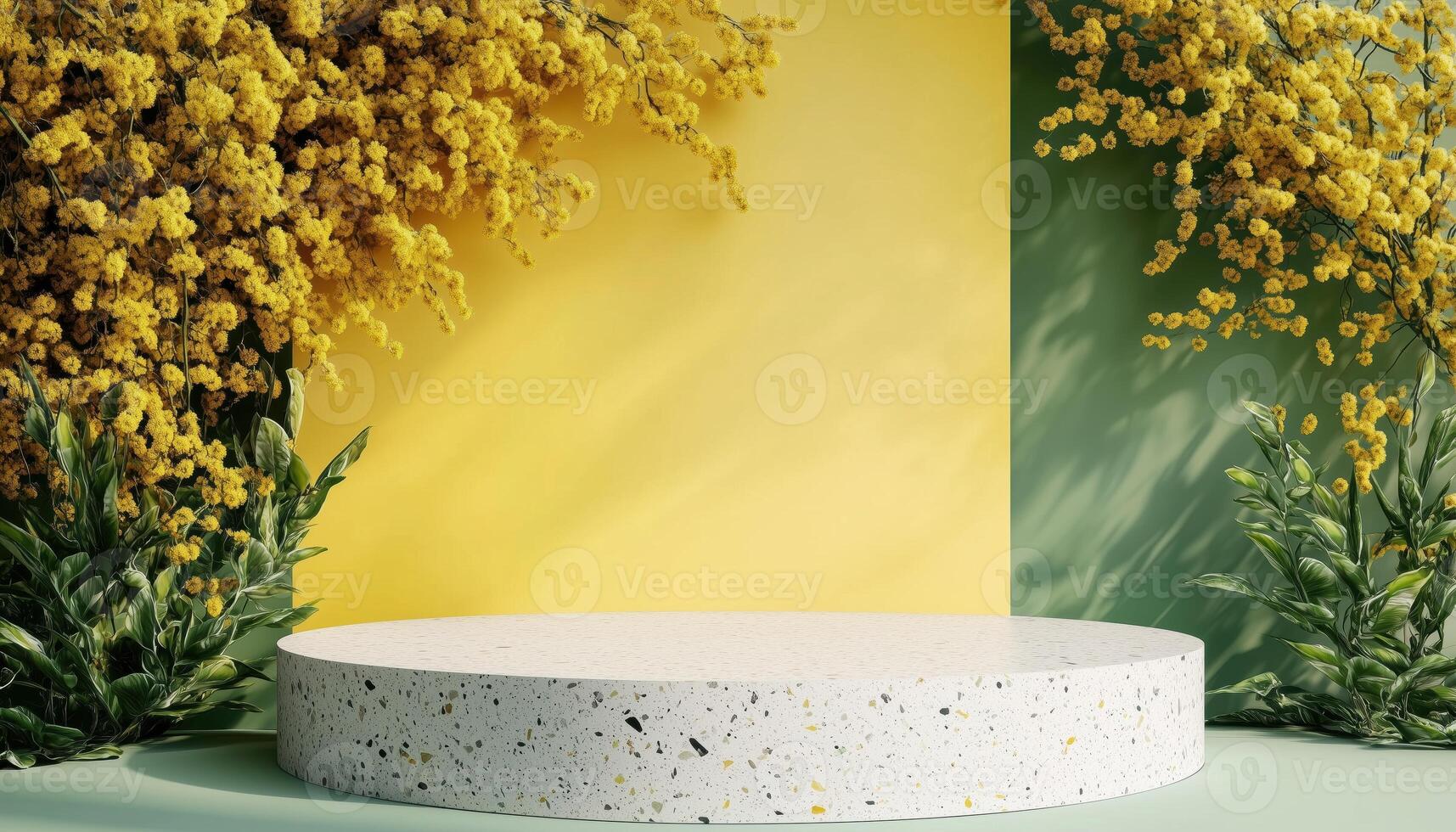 Rendering Of A Yellow Mimosa And Green Curved Wall With A Blank Mockup Cylinder Terrazzo Podium In Portrait Orientation. Vivid And Artistic Design photo