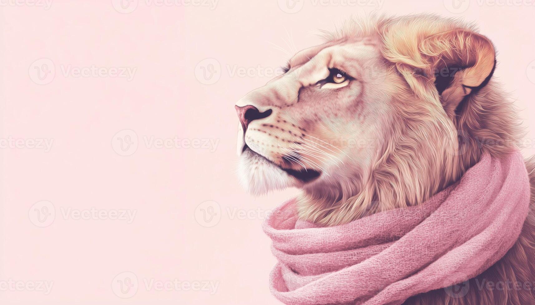 Digitally Enhanced Lion Profile With Pink Scarf On Pale Pink Background Showcasing Contemplative Expression And Vibrant Texture. photo