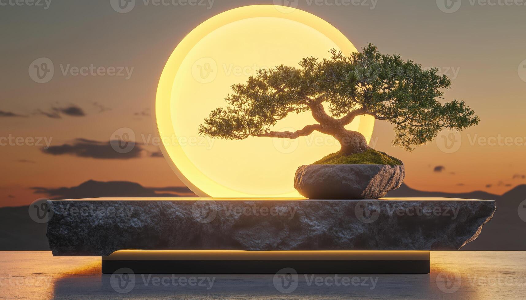 Japanese Abstract. Stone Podium And Bonsai Tree With Twilight Scenes In The Moon For Product Presentation Rendering photo