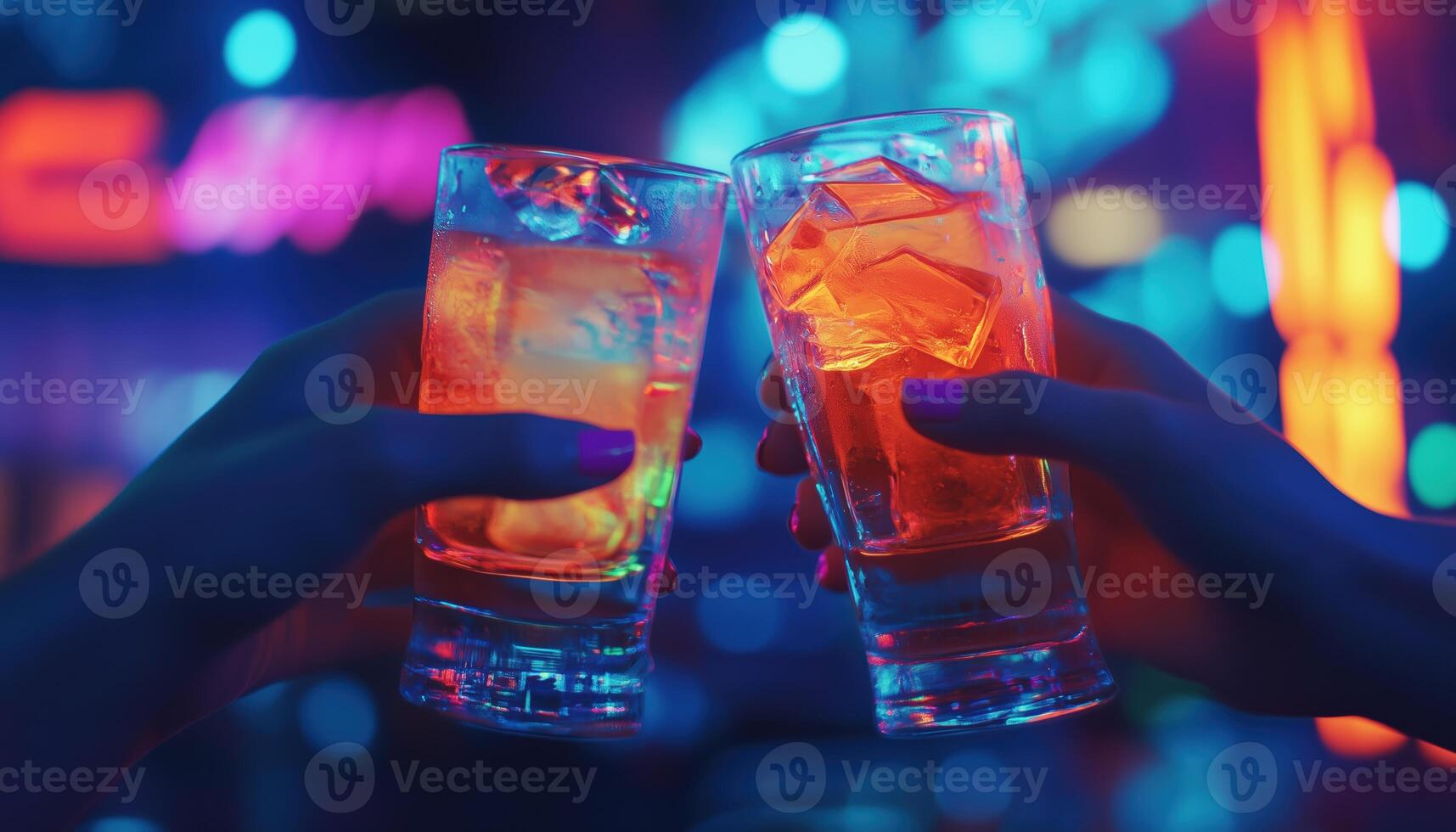 Vibrant Nightlife. Young, Active Partygoers In A Club, Dancing And Drinking Cocktails Under Neon Lights. Atmosphere Of Fun And Relaxation. Ample Ad Space photo