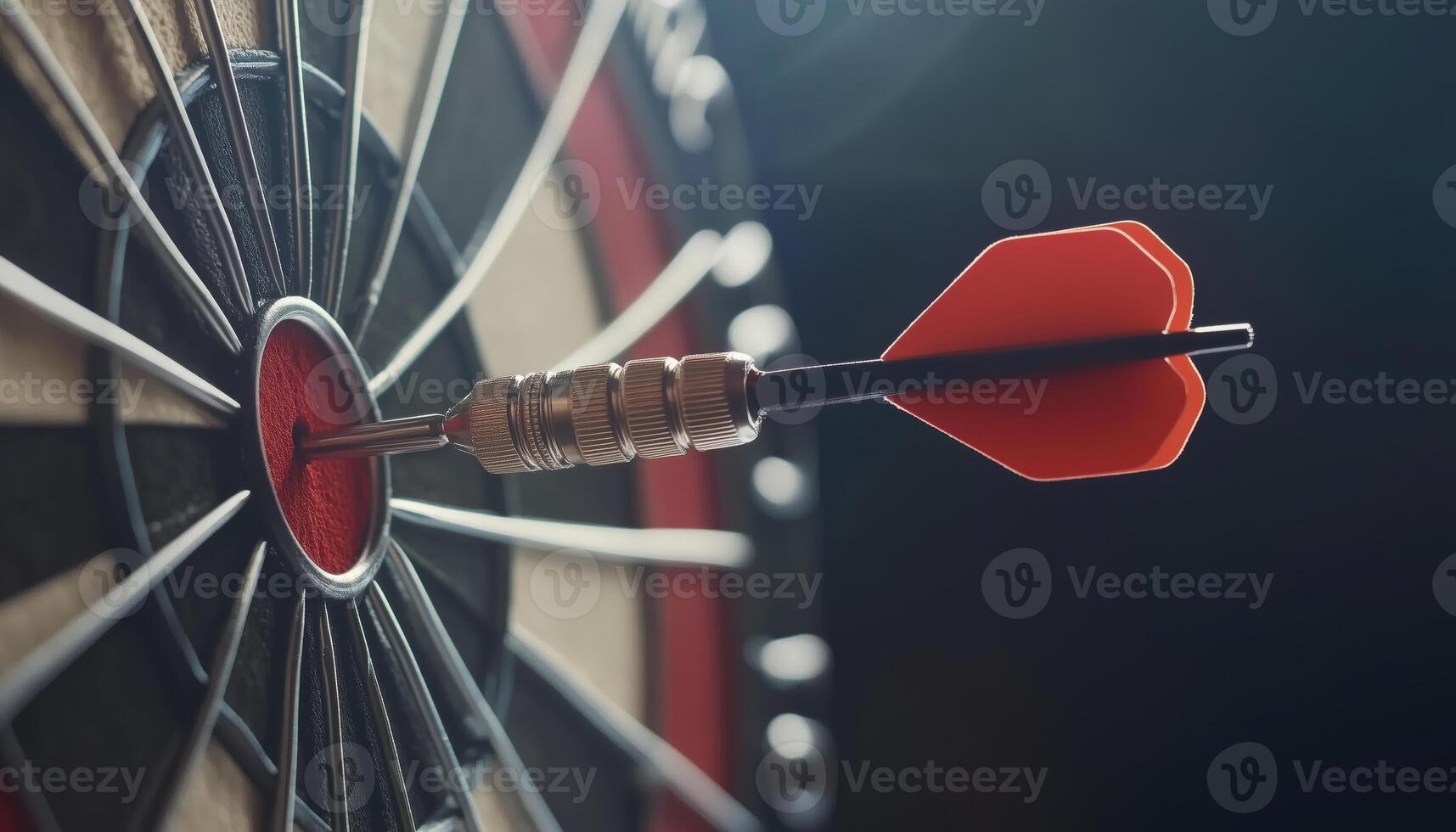 Perfect Aim. A Dart Hitting The Bullseye In The Middle Of The Dartboard With Precision And Accuracy In A Game Of Darts photo
