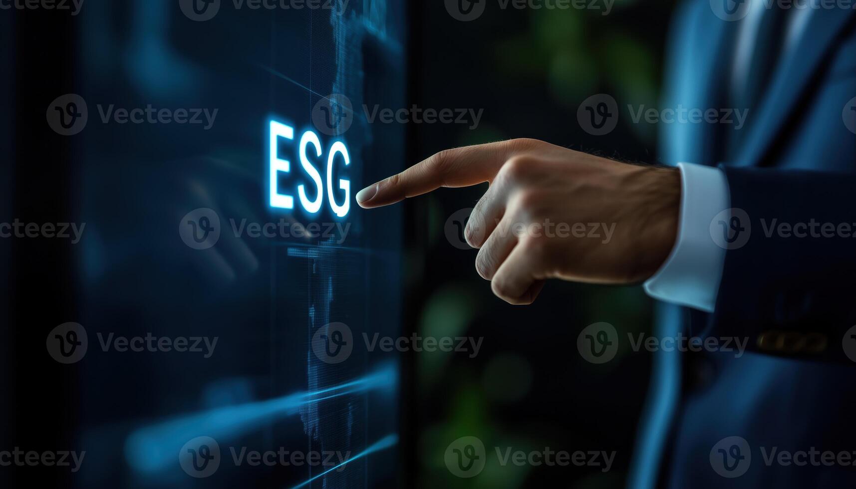 Businessman Uses Virtual Screen To Access Esg Investments For Organizational Growth, Focusing On Environmental, Social, And Governance Criteria photo