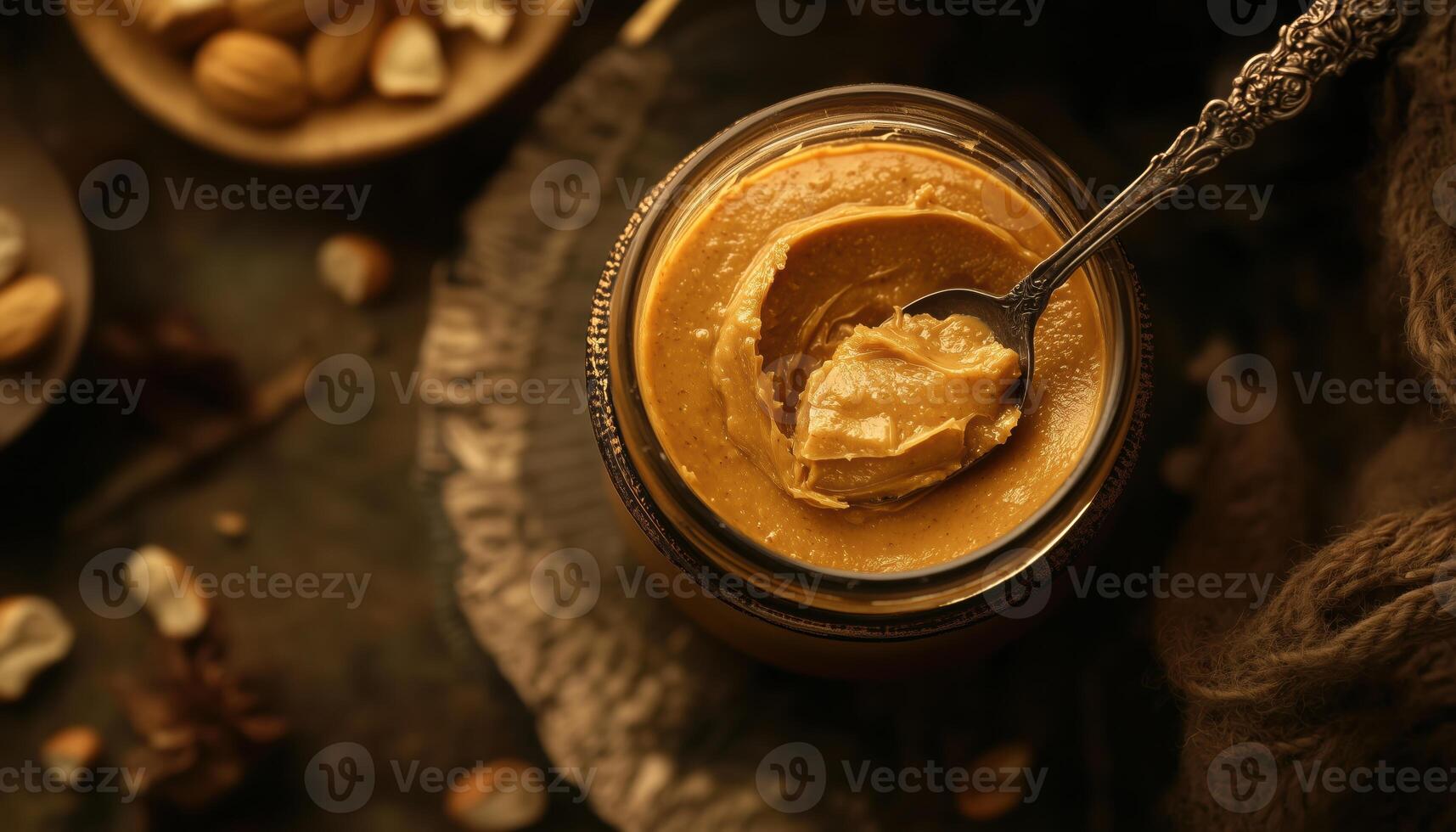 Creamy Peanut Butter Scooped Out Of A Jar With A Spoon, Ready To Be Spread On Your Favorite Bread Or Eaten By Itself photo
