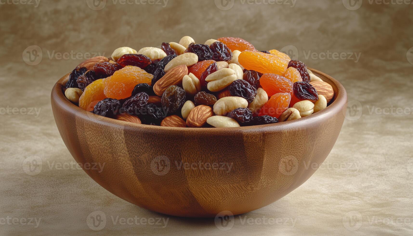 Mix Of Dried Fruits And Nuts On A Beige Ceramic Table With Copy Space. Apricots, Raisins, And Nuts In A Wooden Bowl photo