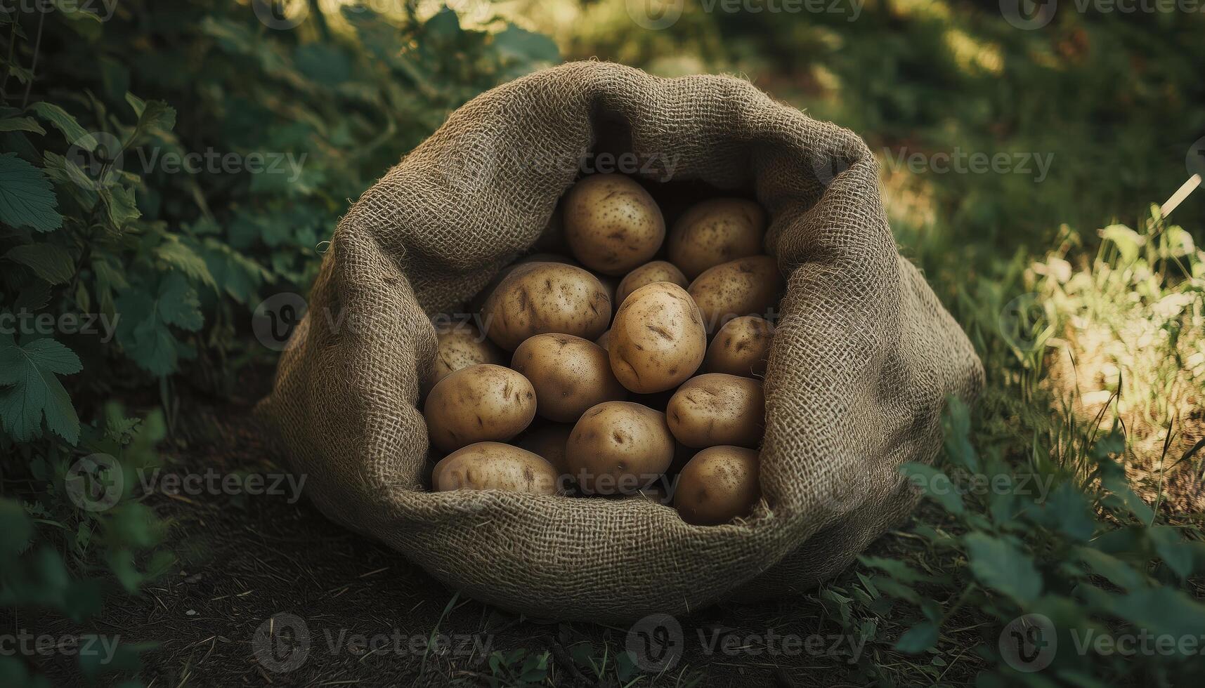 Fresh Ripe Potatoes Spilled Out From An Overturned Sack Outdoors. The Scene Depicts A Bountiful Harvest Of Delicious And Freshly Picked Potatoes photo