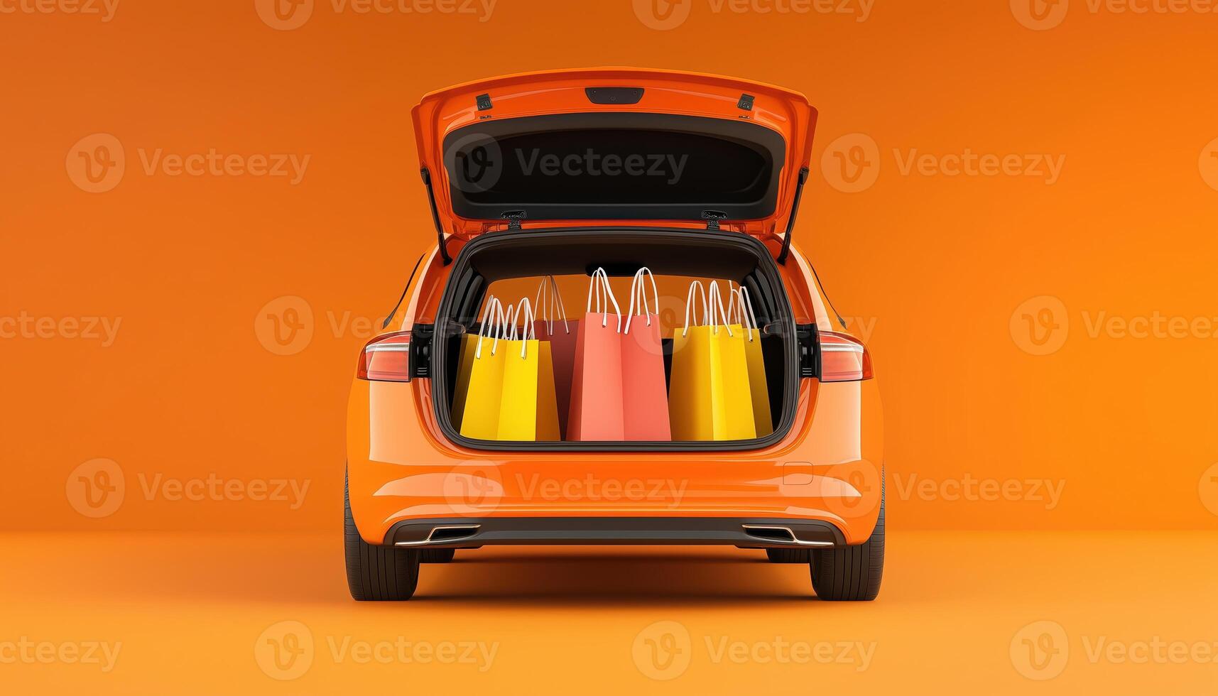 Car Trunk Filled With Shopping Bags On An Orange Background. 3d Rendering Showing Abundance Of Consumer Goods In Vehicle Boot photo