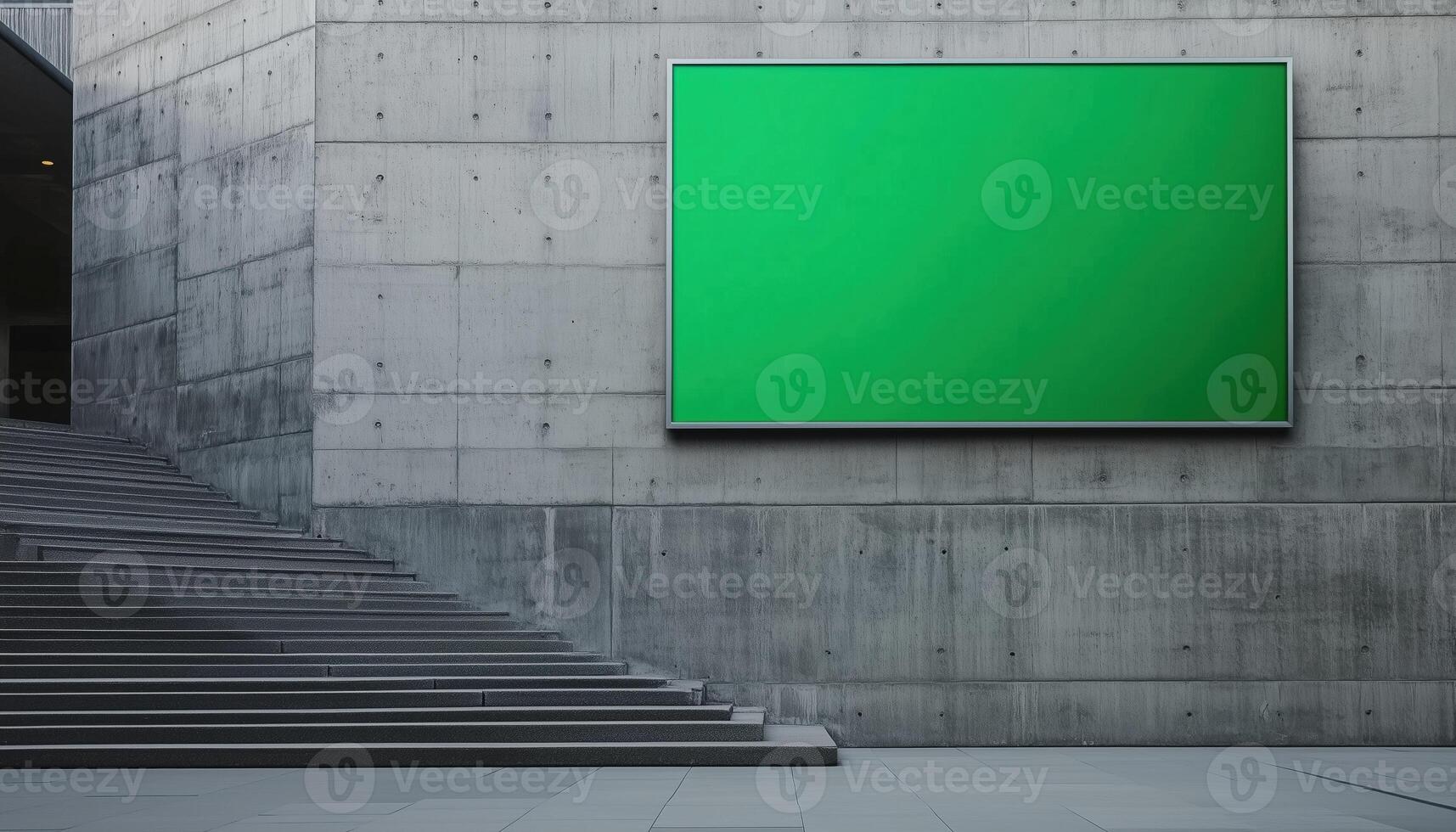 Outdoor Green Glass Information Board Alongside Entrance Stairway To Hall On Concrete Wall Building, Front View, Mock Up Design photo