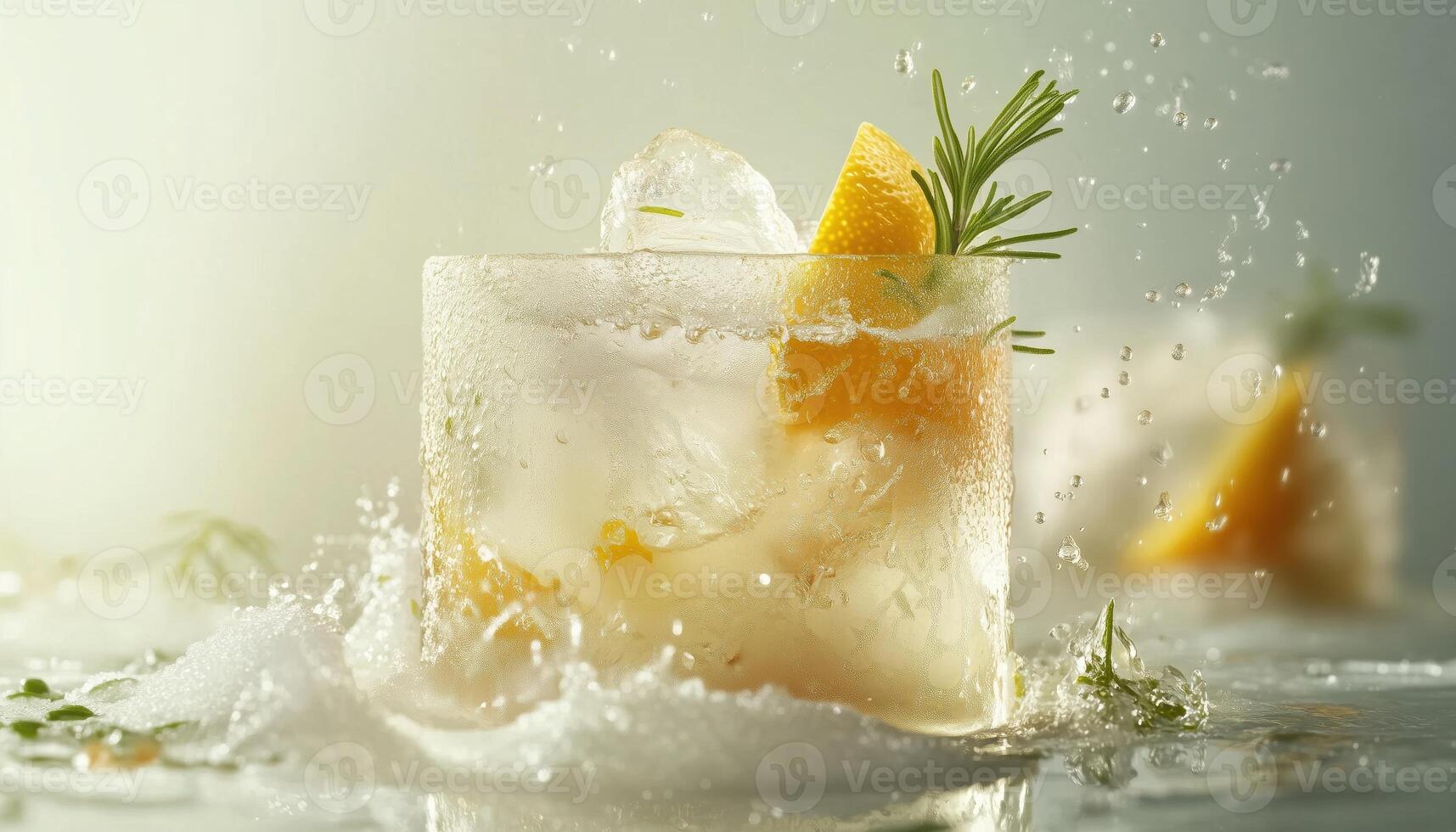 Refreshing Cocktail. Gin Tonic With Ice, Lemon, And Rosemary In A Frozen Glass For A Naturally Cool And Delicious Drink photo