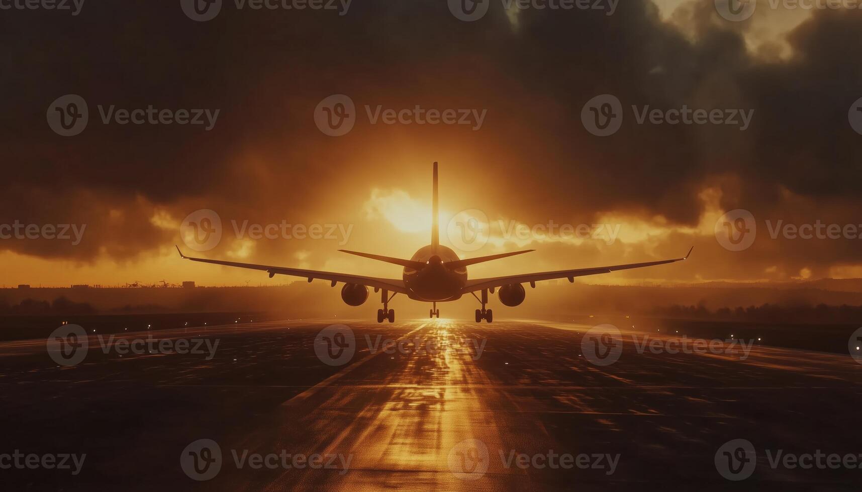 Modern And Fastest Mode Of Transportation. Commercial Jet Landing On Runway With Dramatic Sun Sky On. A Contemporary And Efficient Travel Option photo