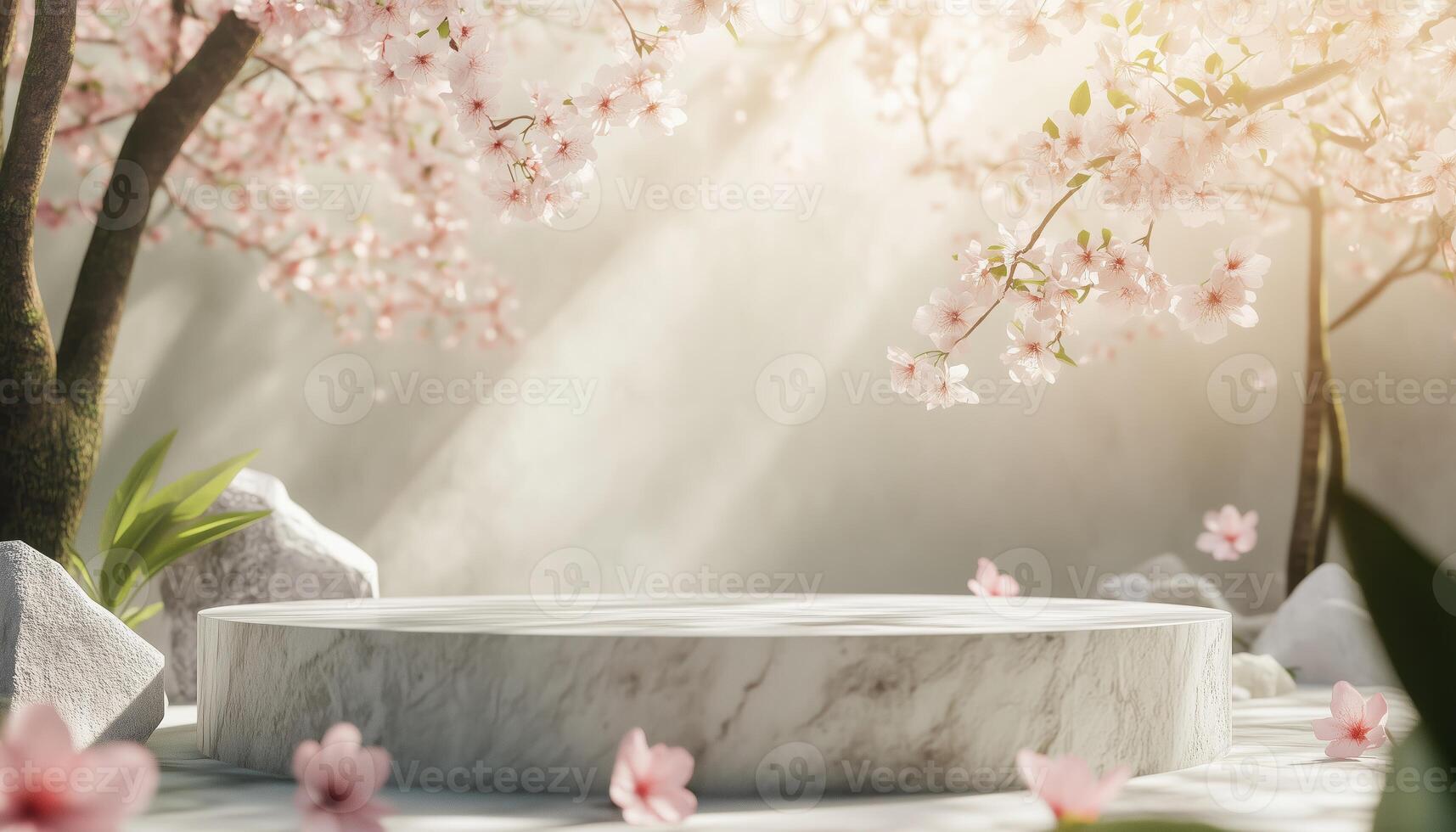 Japanese Garden. The Essence Of Nature In Light And Stone Podium With White Cherry Blossom For Branding And Product Presentation Rendering photo