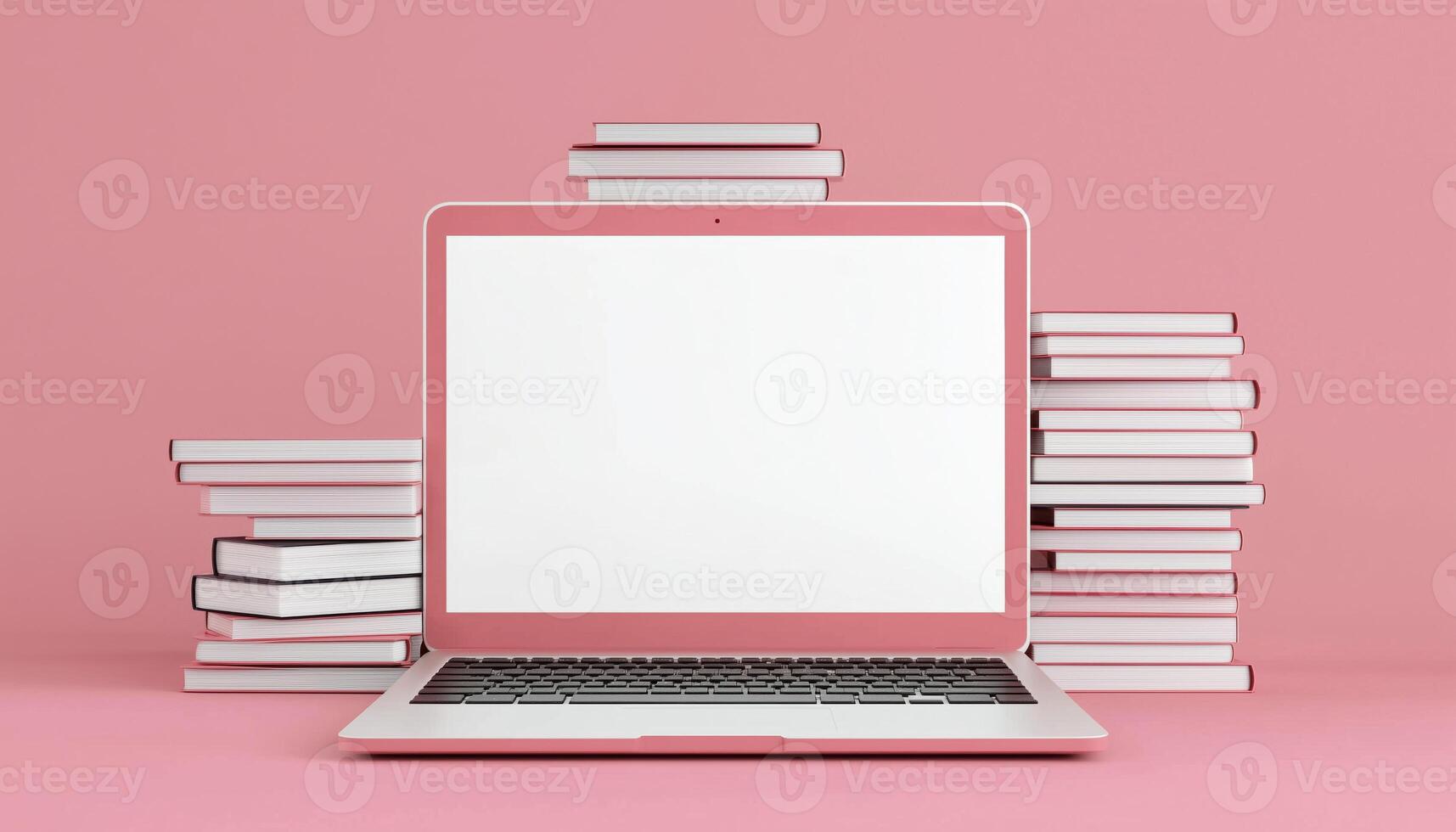 Empty White Screen Laptop Mockup With A Stack Of Books For Education On Technology, Placed On A Pink Pastel Background. Cute And Smooth Rendering photo