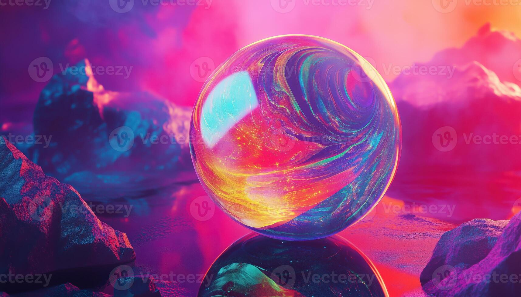 Abstract Posters Featuring Cubes, Spheres, And Triangles. Cosmic Elixir Stones With Iridescent Rainbow Marbling Stains In Synthwave Retrowave Style photo