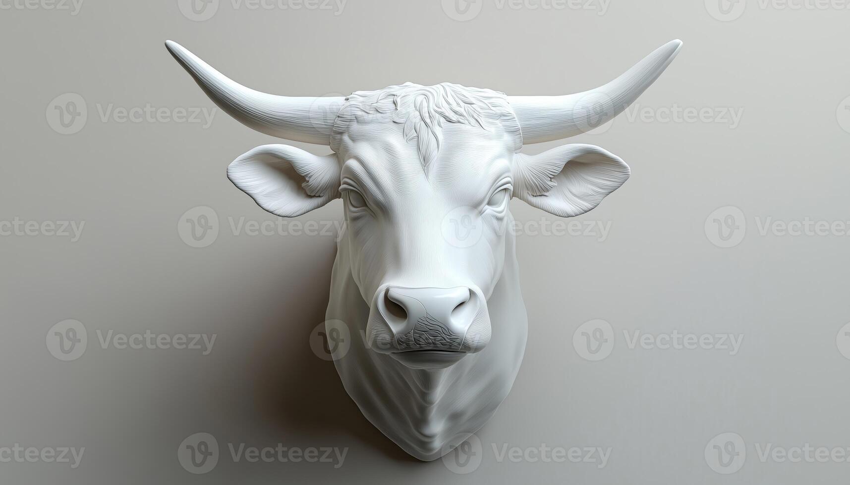 Realistic Glass Porcelain Bull Head With Logo Depiction. Lifelike Representation Of Cow Or Ox. Stylized And Detailed Sculpture For Display photo