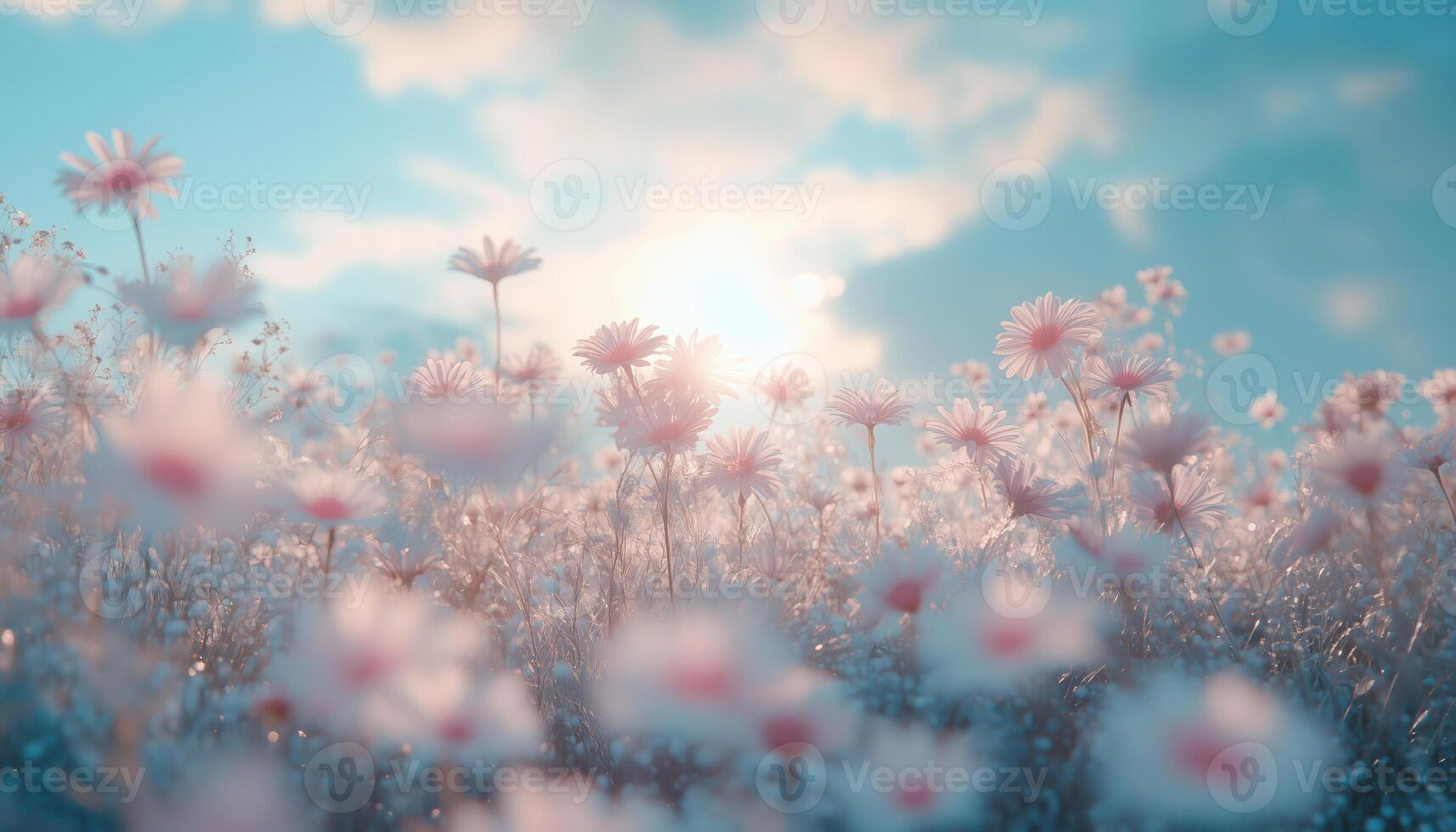 Stunning Countryside Panoramic Landscape. Spring And Summer Beauty With Meadow Daisies Under Sunlight, Featuring Shallow Depth Of Field photo