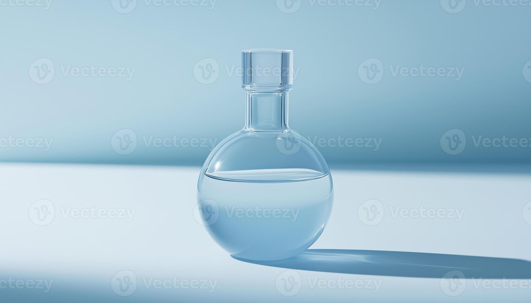 Luxurious Skincare Serum In A Crystal Clear Glass Bottle With Aloe On Pale Blue Background Embodies Simplicity And Freshness. photo
