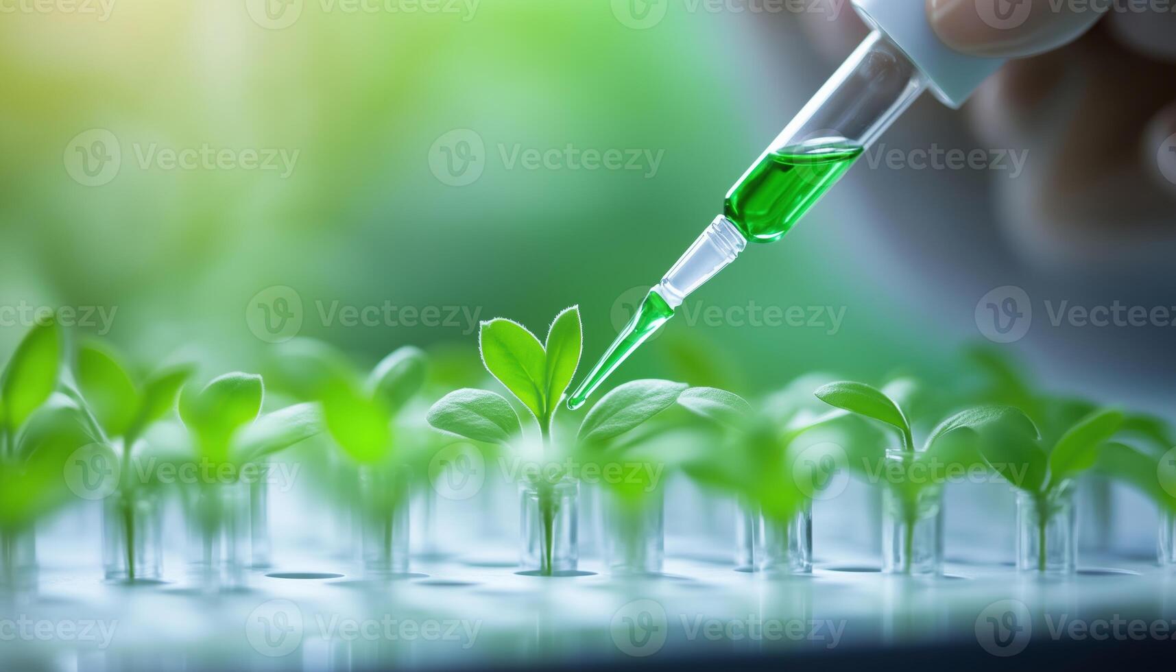 Biologist Woman Conducting Genetic Mutation Analysis With Green Liquid Using Micropipette In Biochemistry Laboratory And Typing Expertise On Computer. photo