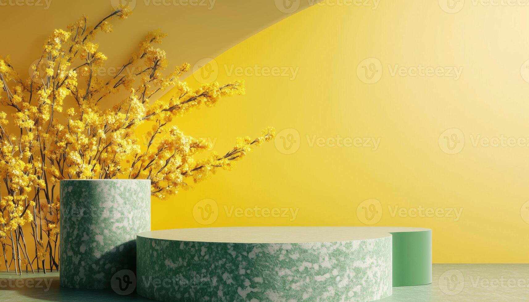 Rendering Of A Blank Mockup Cylinder Terrazzo Podium With Yellow Mimosa And Green Curve Wall In Portrait Perspective. Designed Concept photo